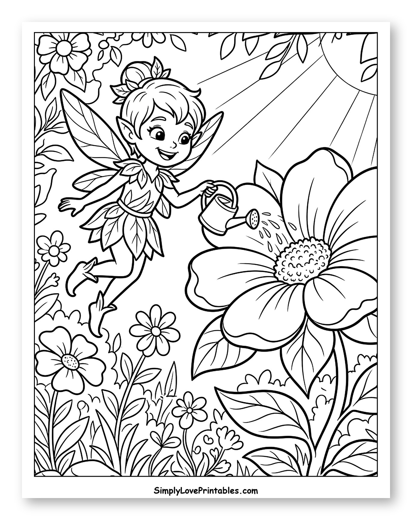 Happy Pixie Watering a Giant Flower to Color for Kids