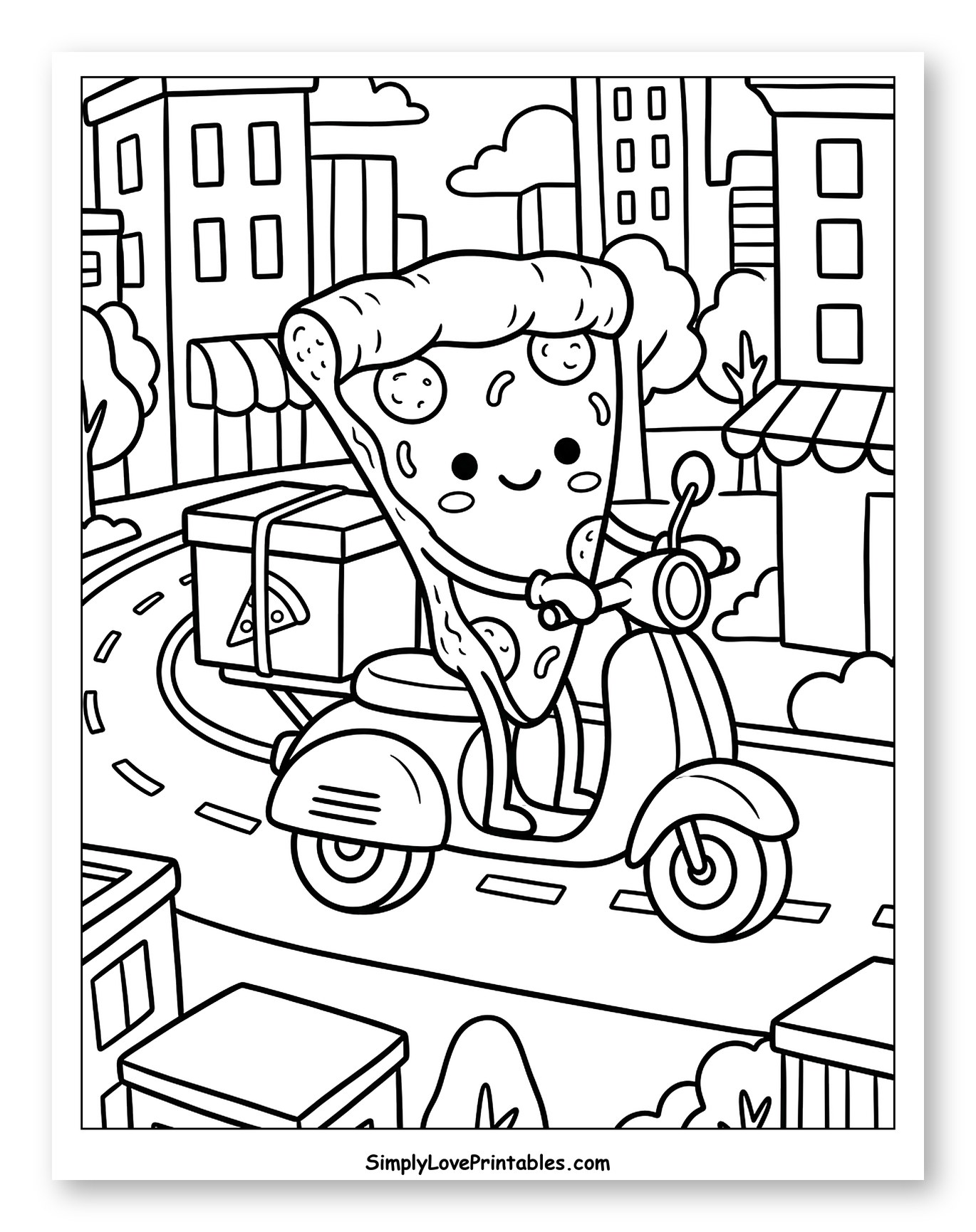 Happy Pizza Slice Character on Scooter Delivery Coloring Page for Kids