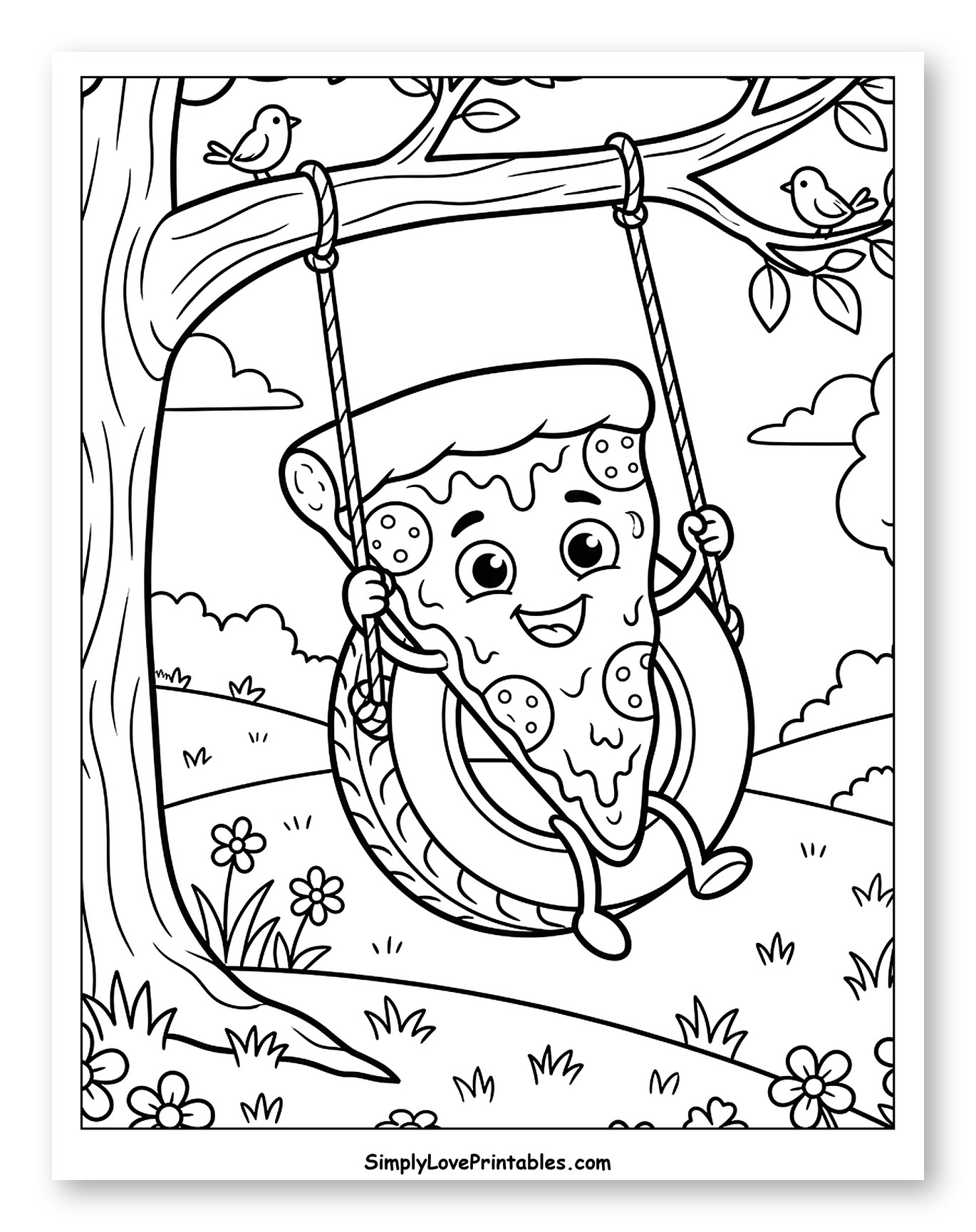 Happy Pizza Slice on a Tire Swing