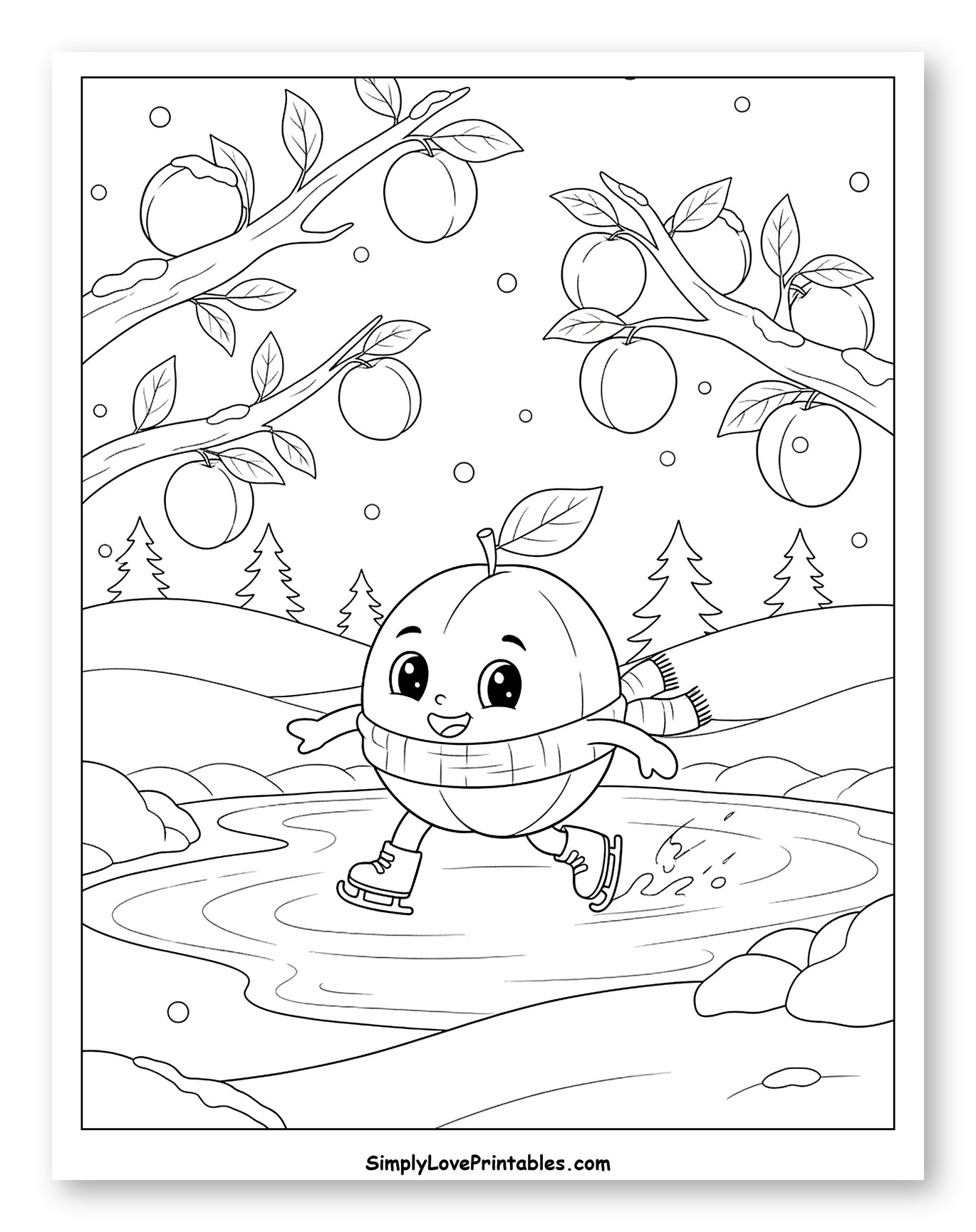 Happy Plum Ice Skating in Winter Coloring Sheet for Kids