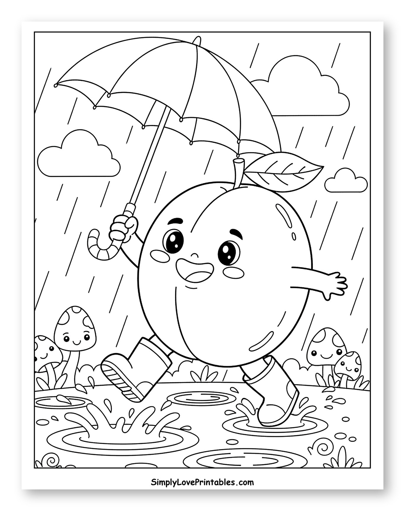 Happy Plum Jumping in Puddles with Umbrella