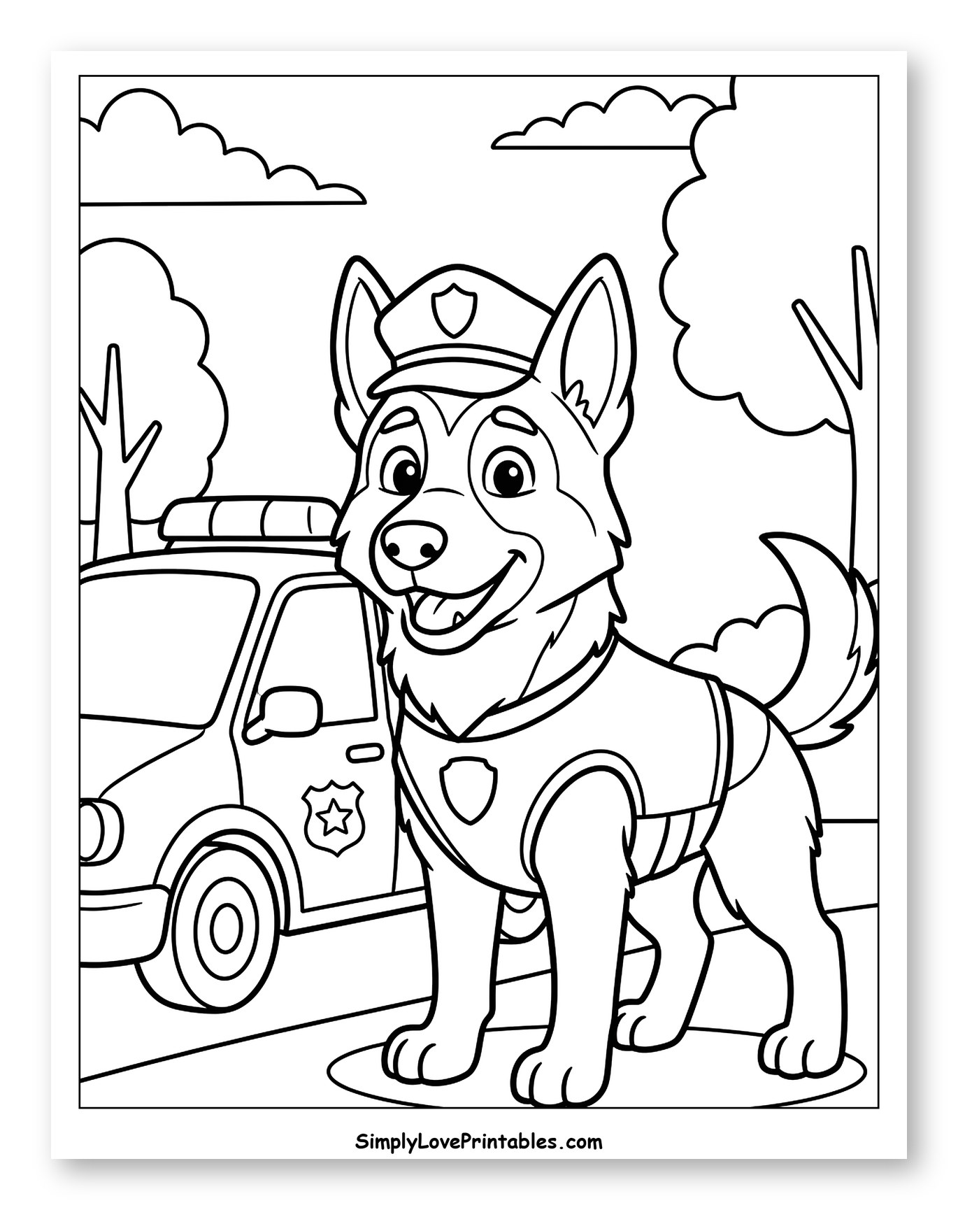 Happy Police Dog and Patrol Car Coloring Page for Kids