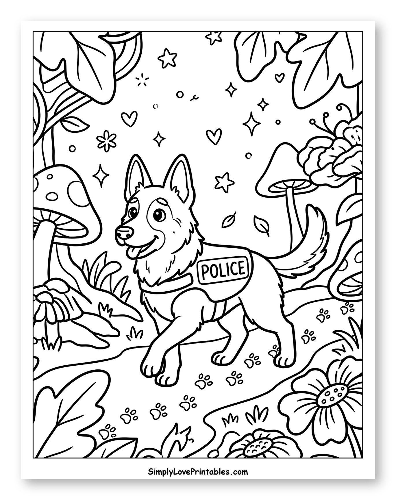 Happy Police Dog in Whimsical Forest Coloring Sheet for Adults