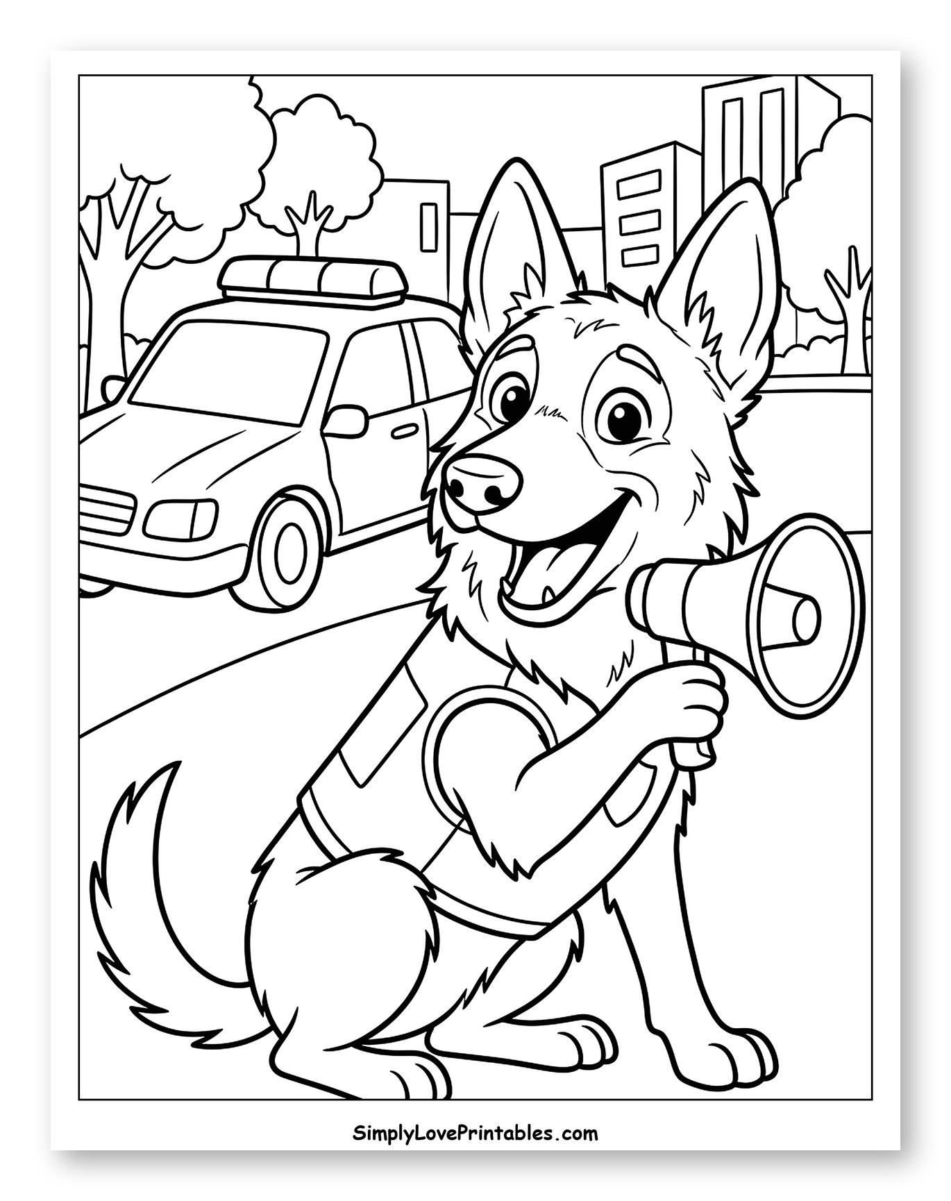Happy Police Dog with Megaphone and Car Coloring Page for Kids