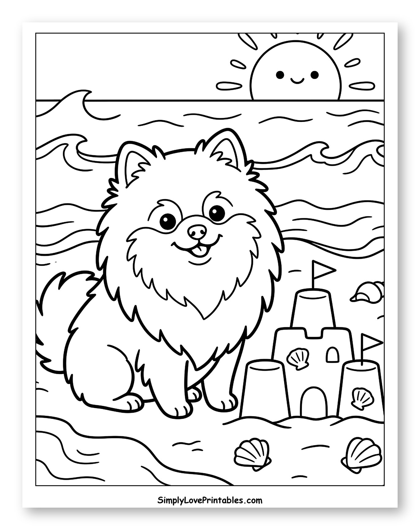 Happy Pomeranian and Sandcastle Coloring Sheet for Kids