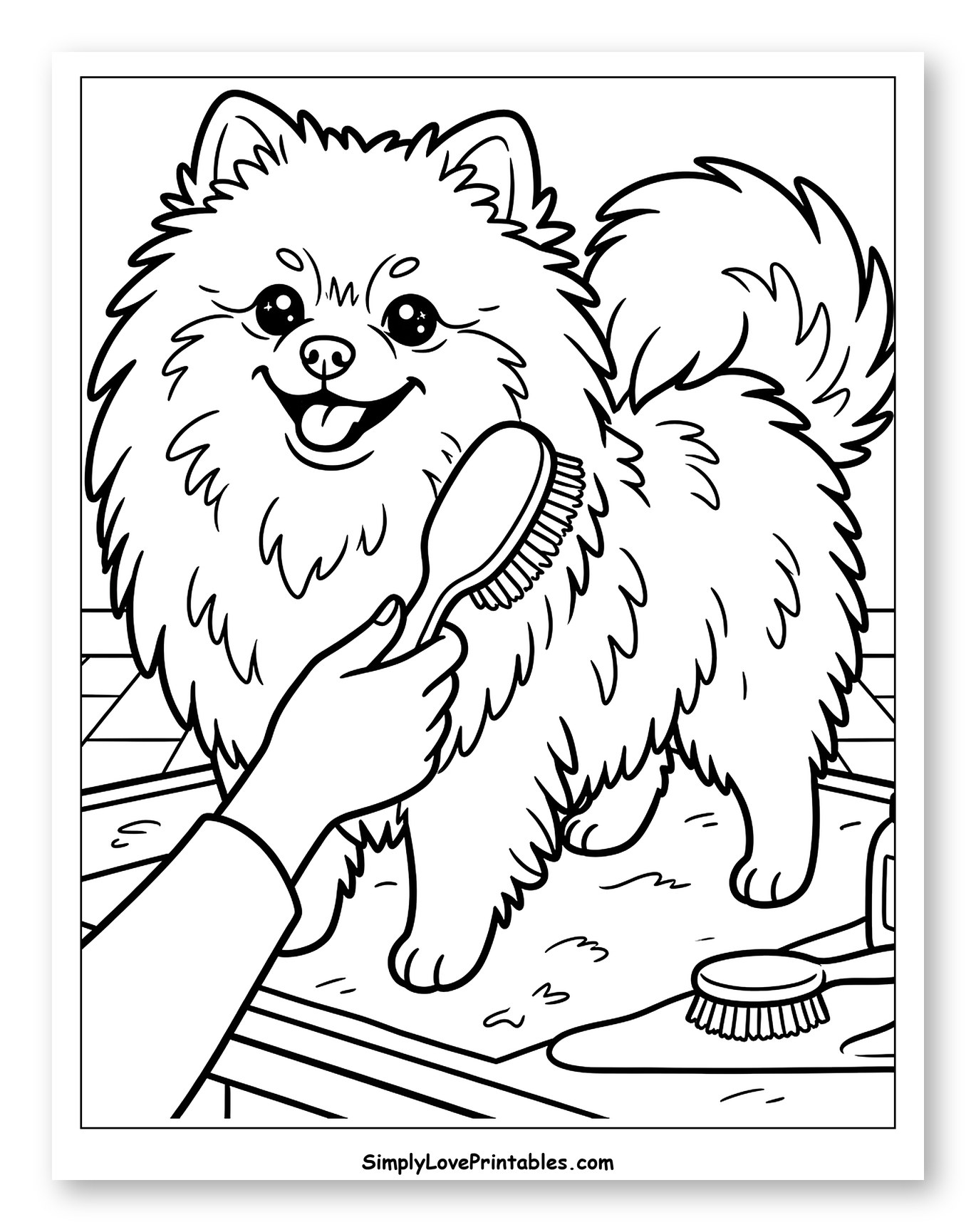 Happy Pomeranian Dog Getting Brushed Coloring Page for Kids