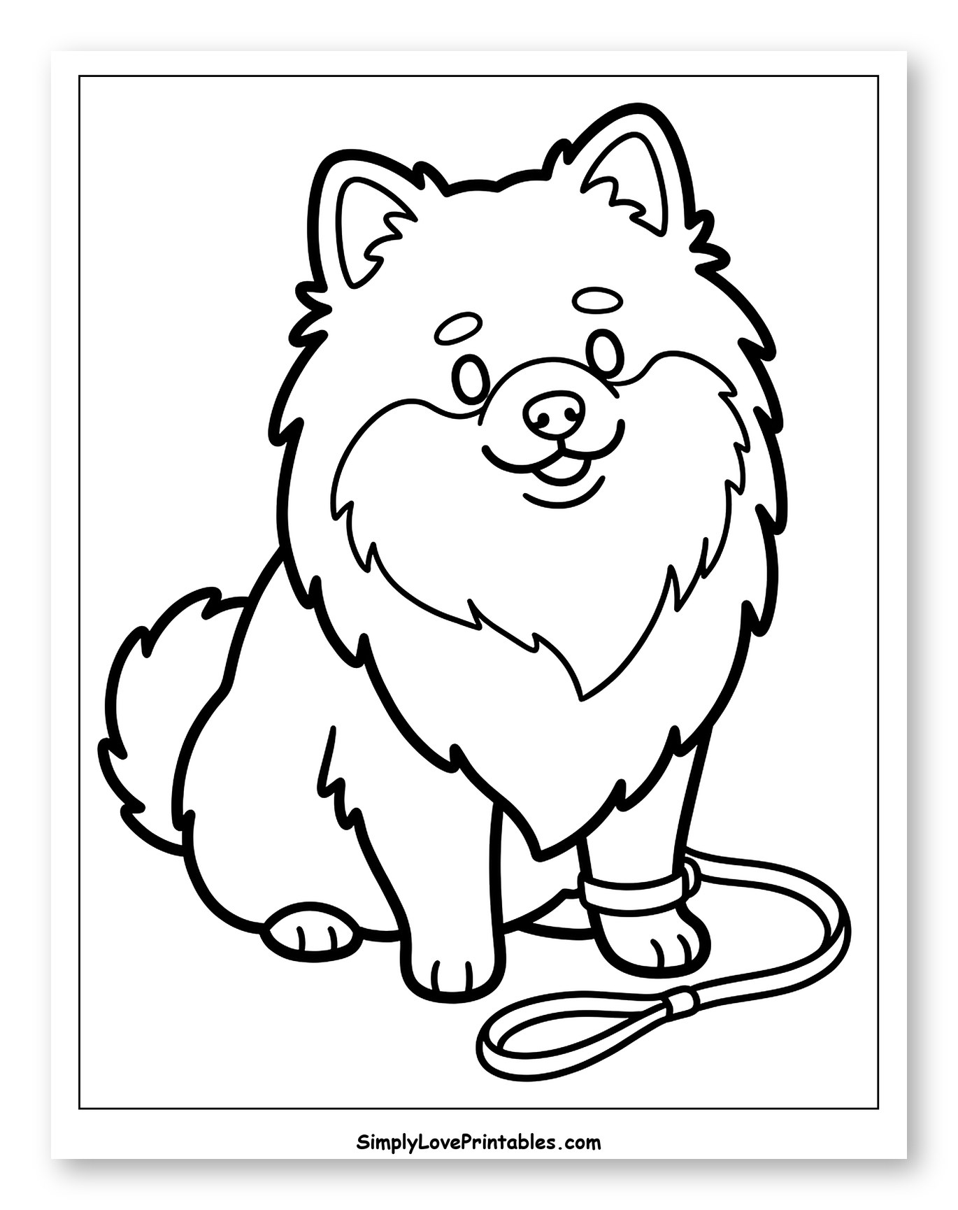 Happy Pomeranian Dog with Leash Coloring Page for Toddlers