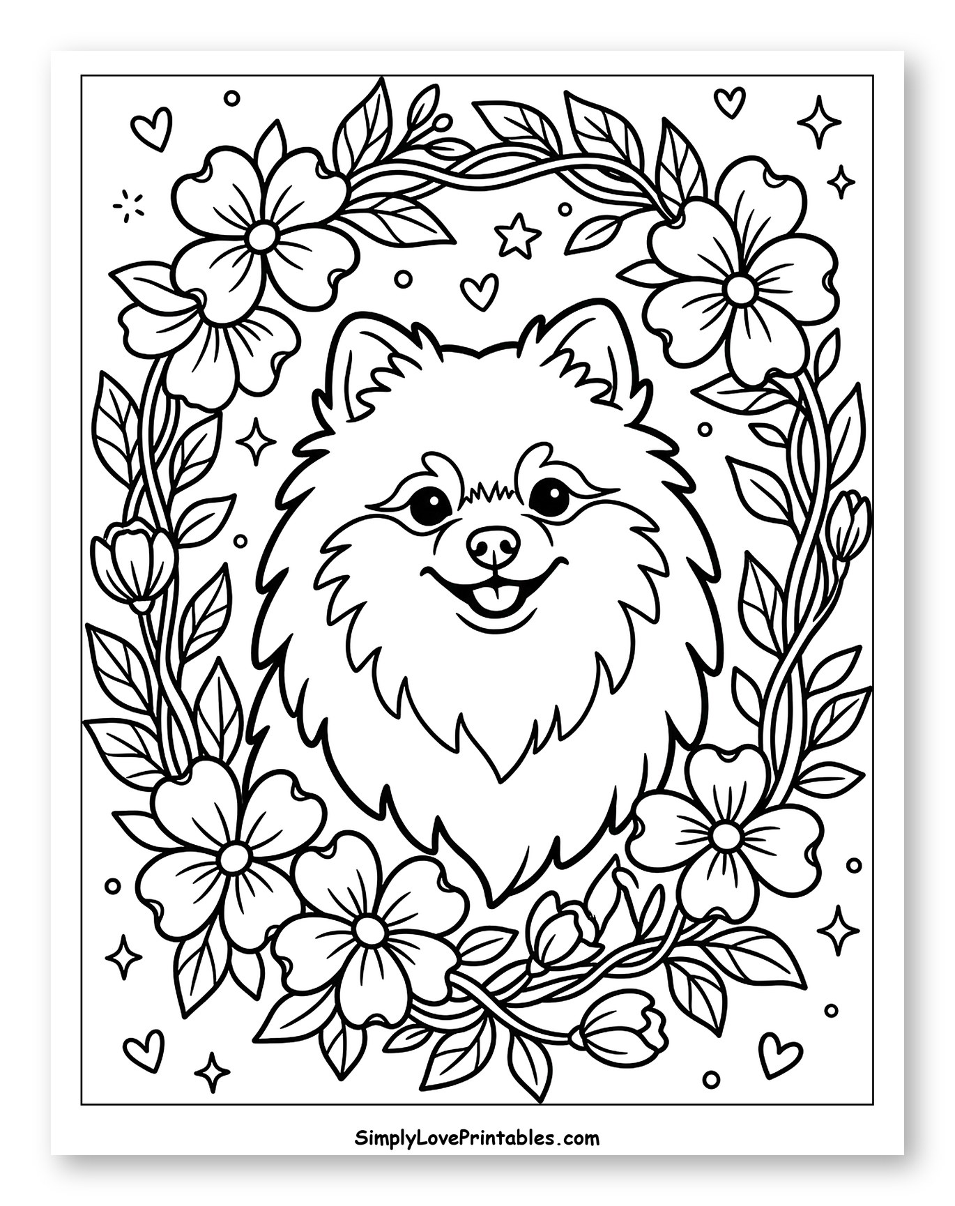 Happy Pomeranian in Floral Wreath to Color for Adults
