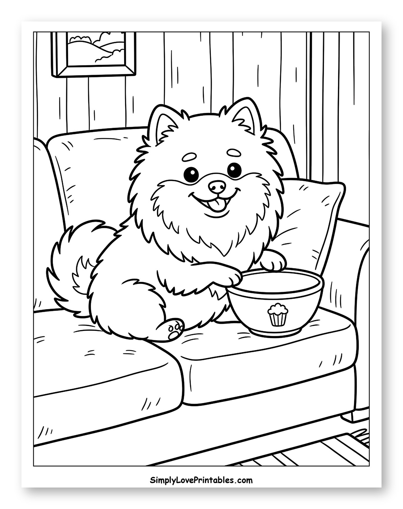 Happy Pomeranian on Sofa with Snack Bowl to Color for Kids