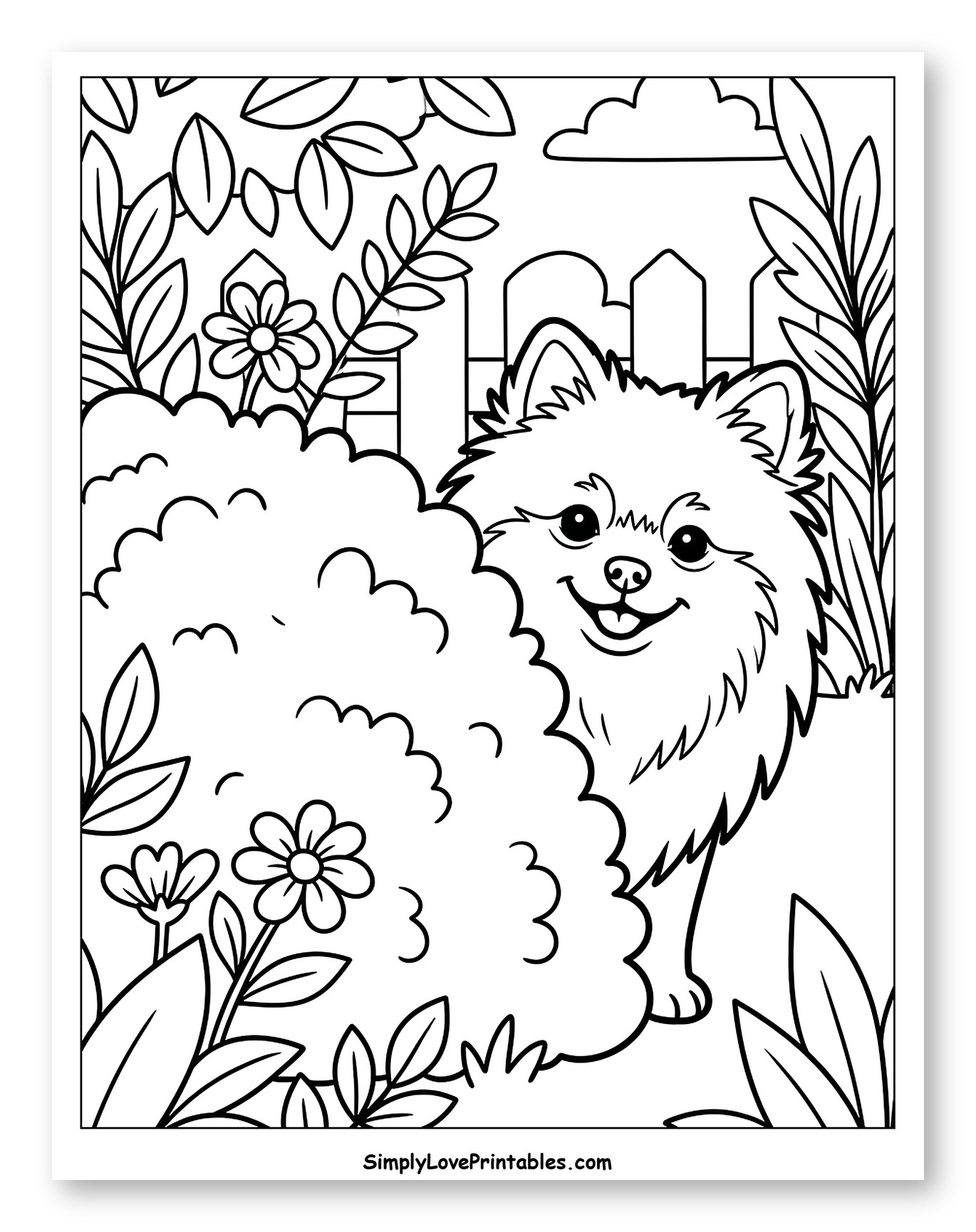 Happy Pomeranian Peeking from Garden Bush Coloring Page for Kids