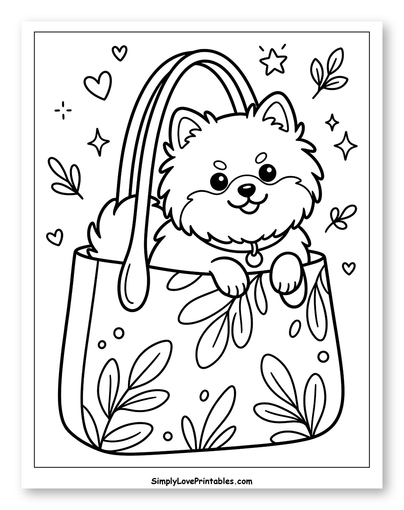 Happy Pomeranian Puppy in Leafy Bag