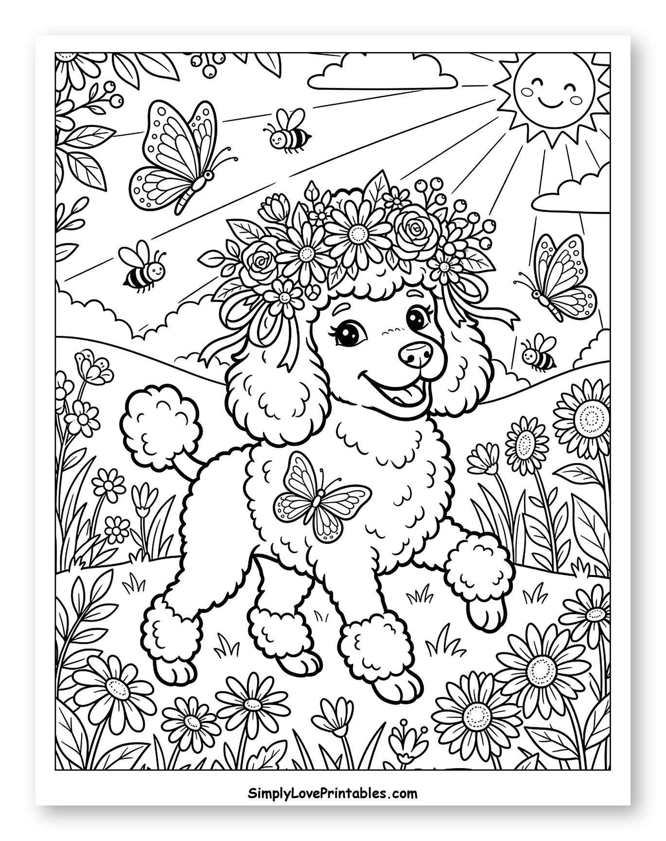 Happy Poodle in a Flowery Meadow with Butterflies and Bees