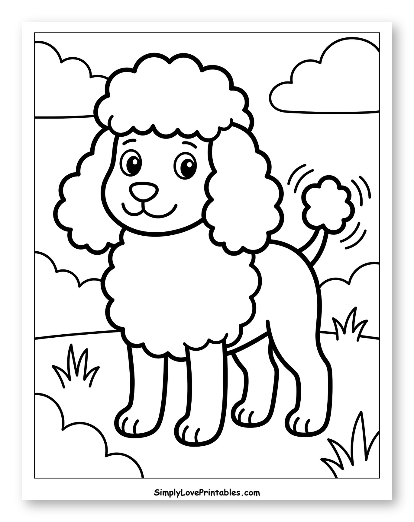 Happy Poodle in a Grassy Field Coloring Page for Toddlers