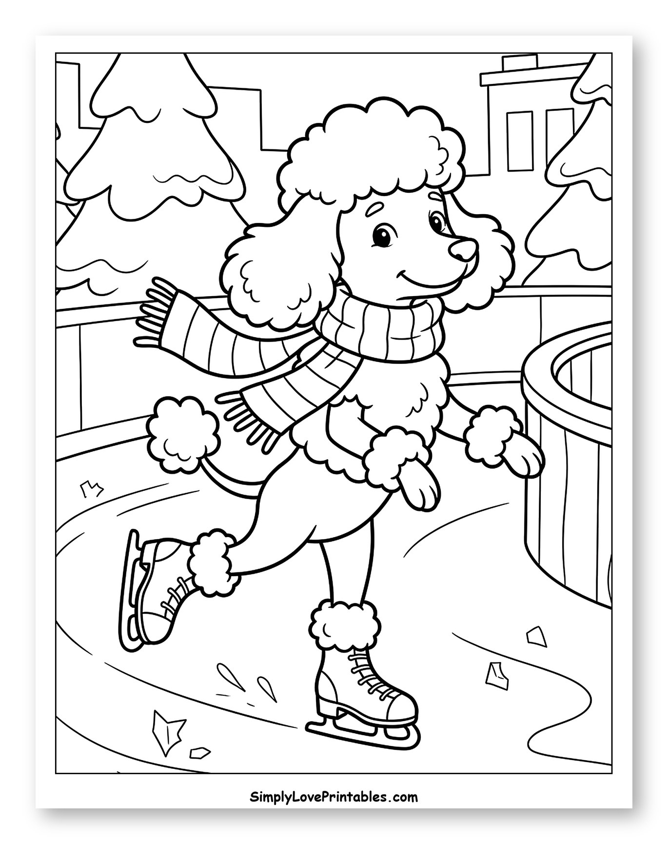 Happy Poodle Skating on an Ice Rink Coloring Page for Kids
