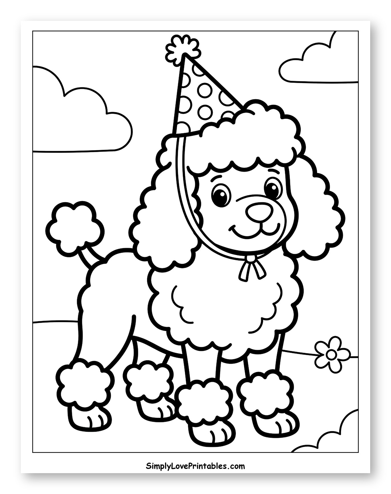 Happy Poodle Wearing a Birthday Hat Coloring Page for Toddlers