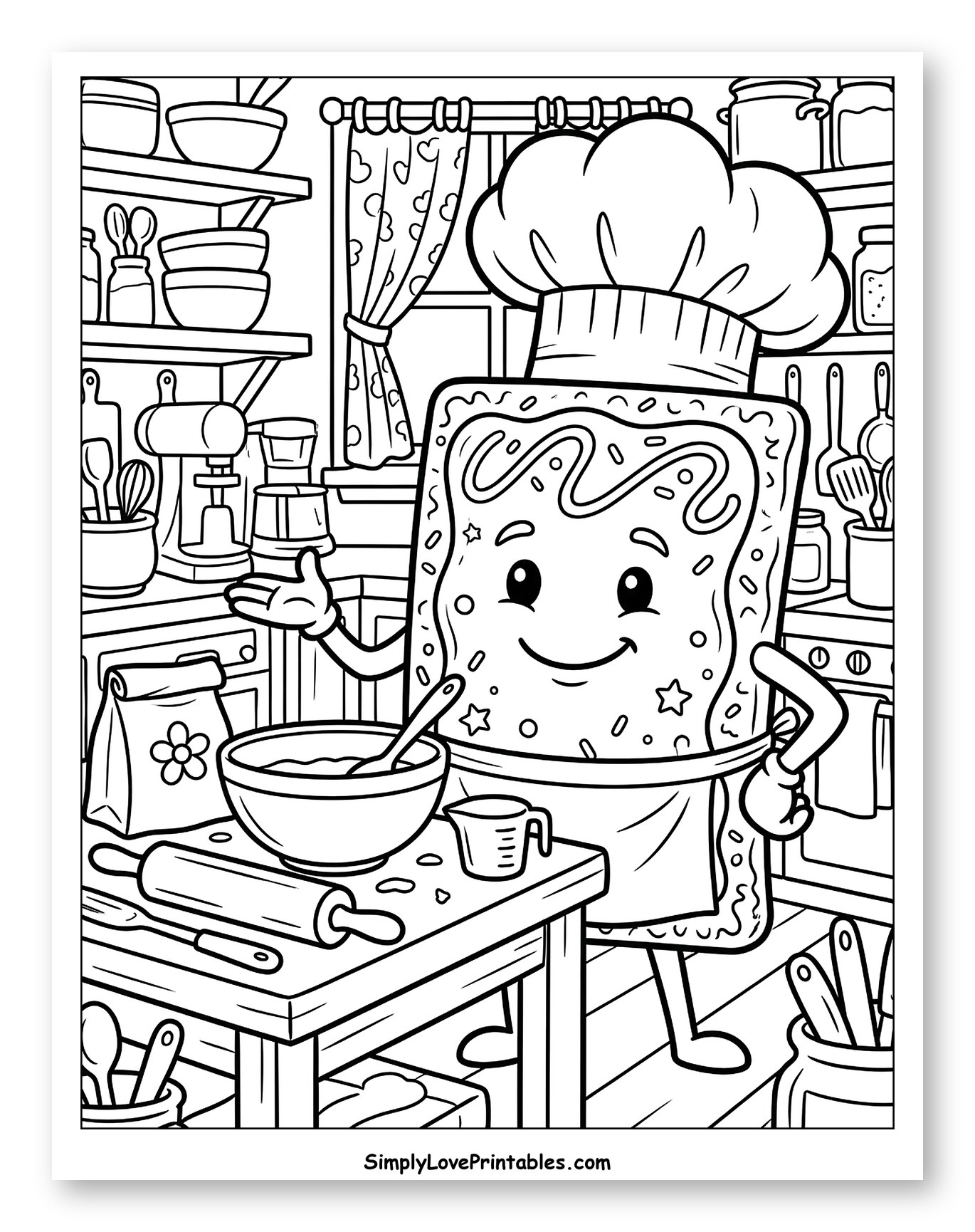 Happy Pop Tart Chef Baking in Kitchen Coloring Sheet for Kids
