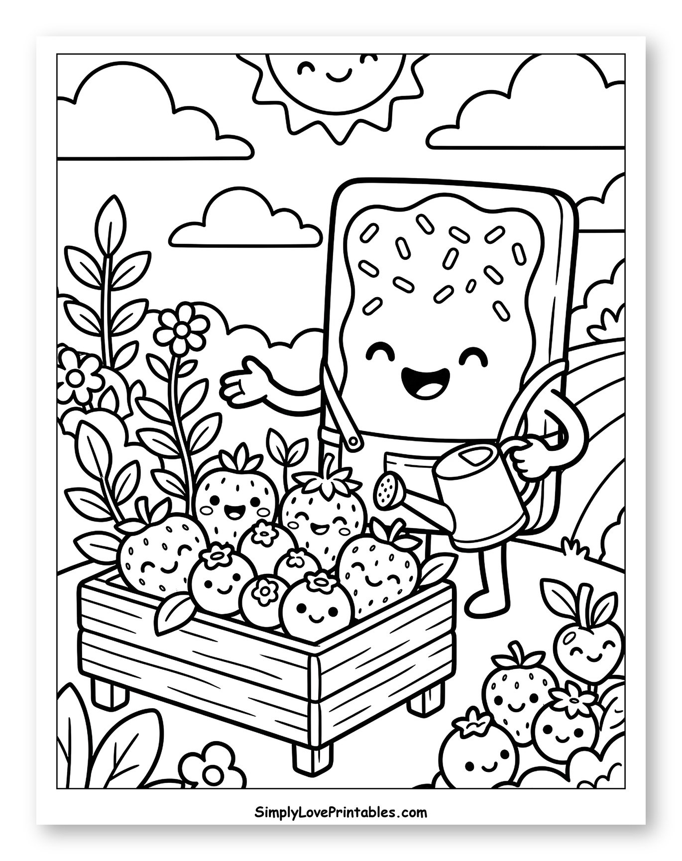 Happy Pop Tart Watering Kawaii Berries to Color for Kids
