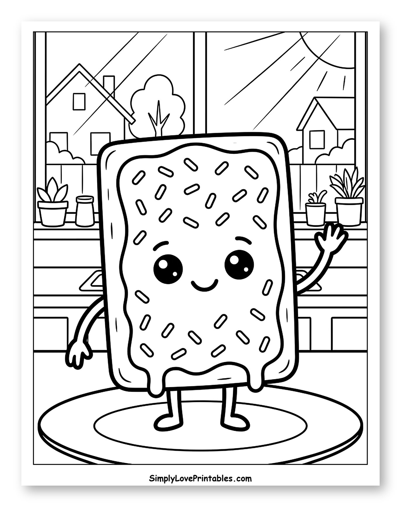 Happy Pop Tart Waving in a Sunny Kitchen to Color for Kids