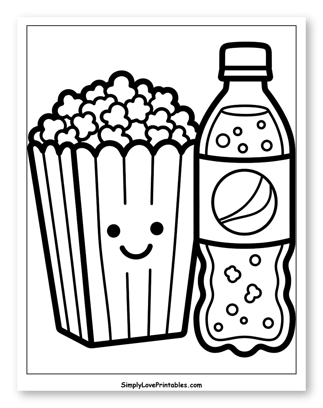 Happy Popcorn and Pepsi Bottle Coloring Page for Toddlers