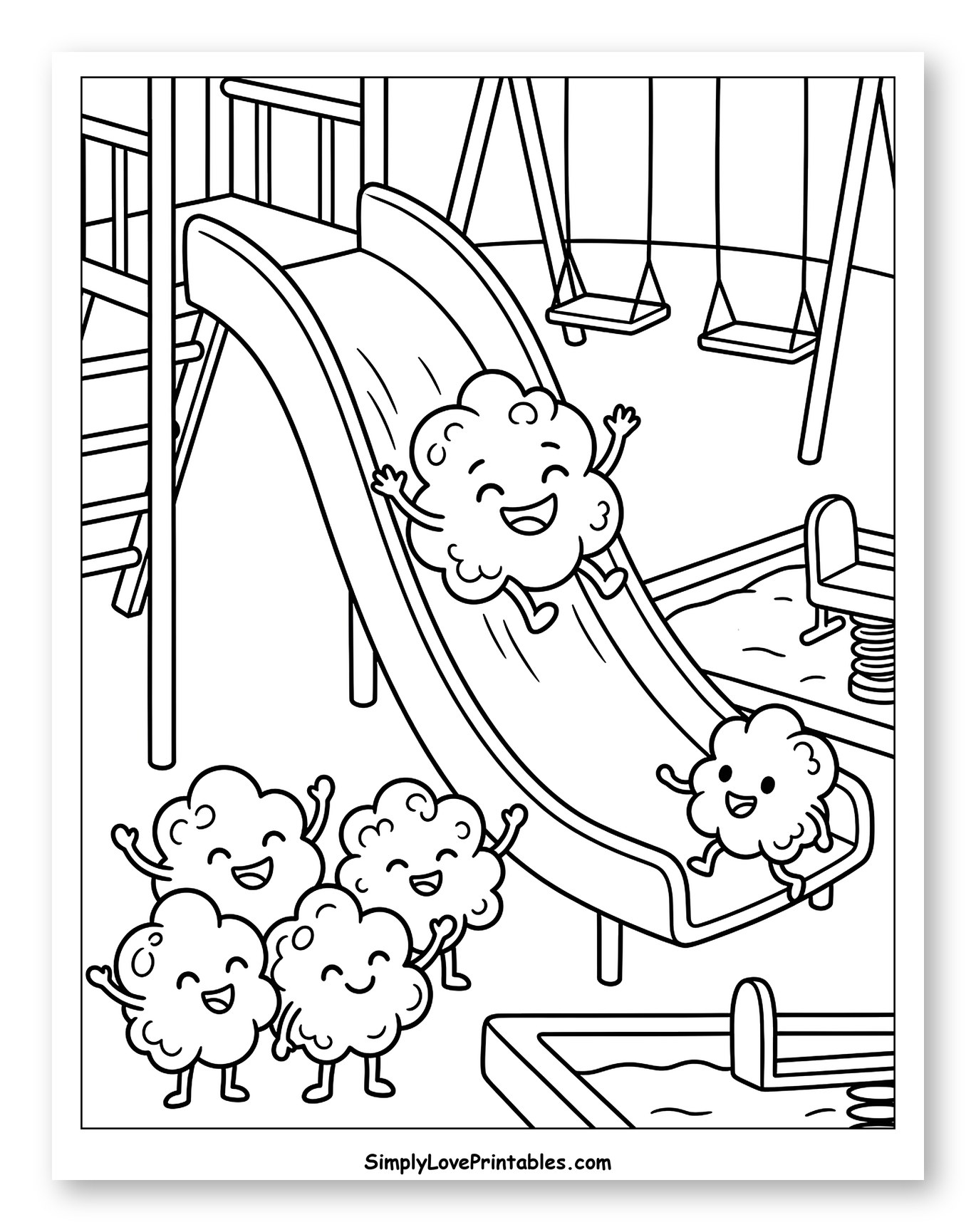 Happy Popcorn Characters on a Playground Slide Coloring Page for Kids