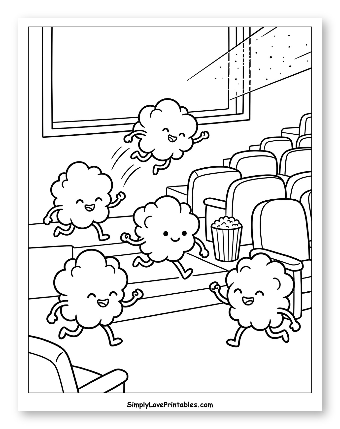 Happy Popcorn Kernels Running in a Movie Theater Coloring Page for Kids
