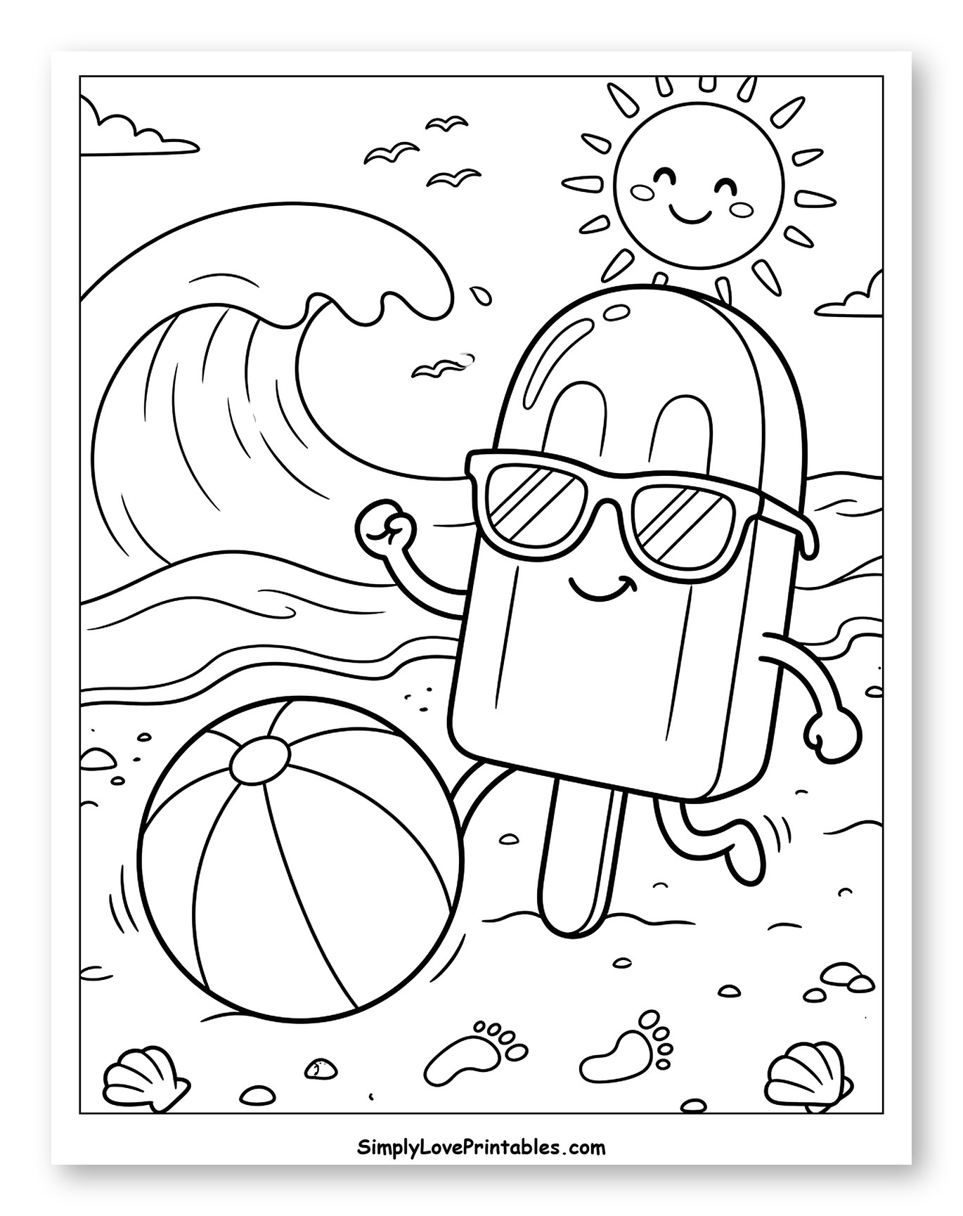 Happy Popsicle with Sunglasses on a Beach Coloring Page for Kids