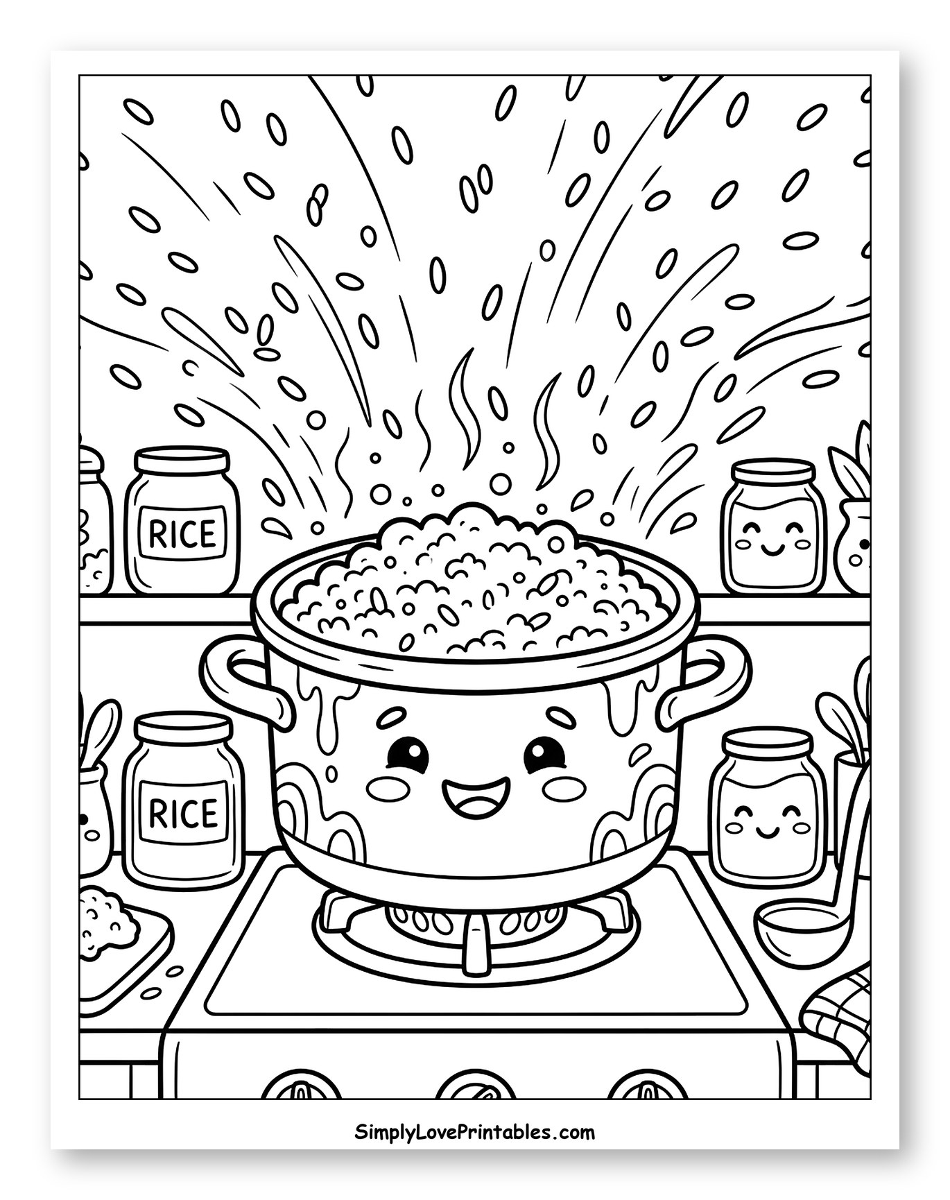 Happy Pot of Rice Boiling on Stove to Color for Kids