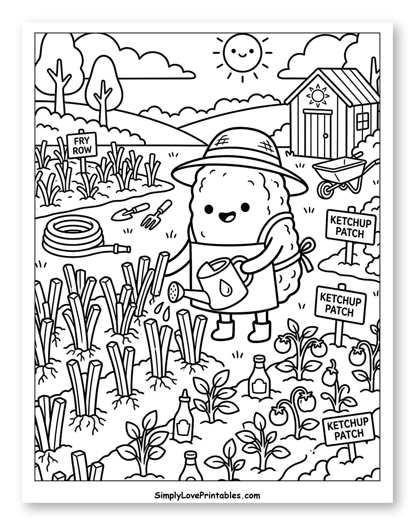 Happy Potato Farmer Watering Fry Row and Ketchup Patch to Color for Kids