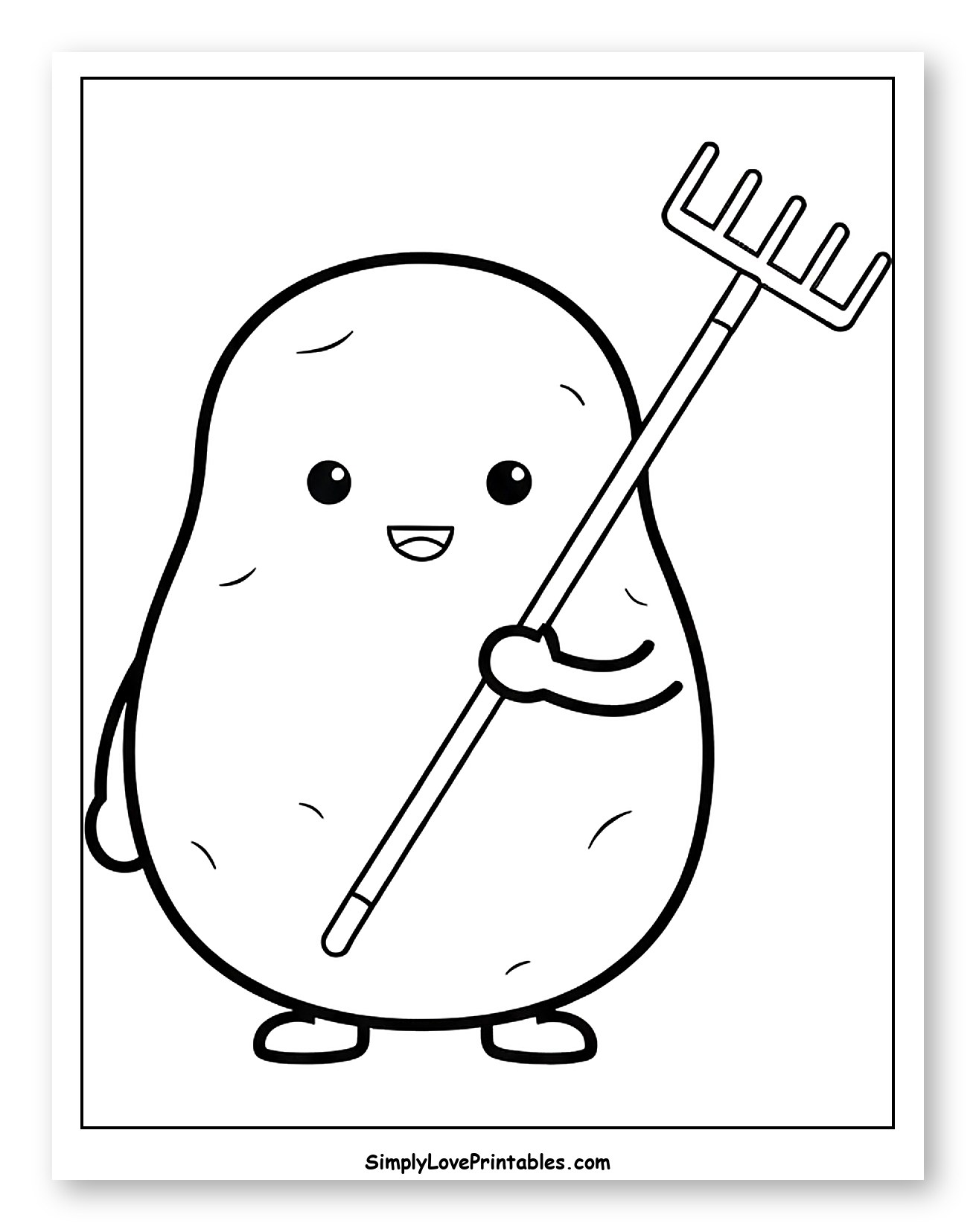 Happy Potato Holding a Rake to Color for Toddlers