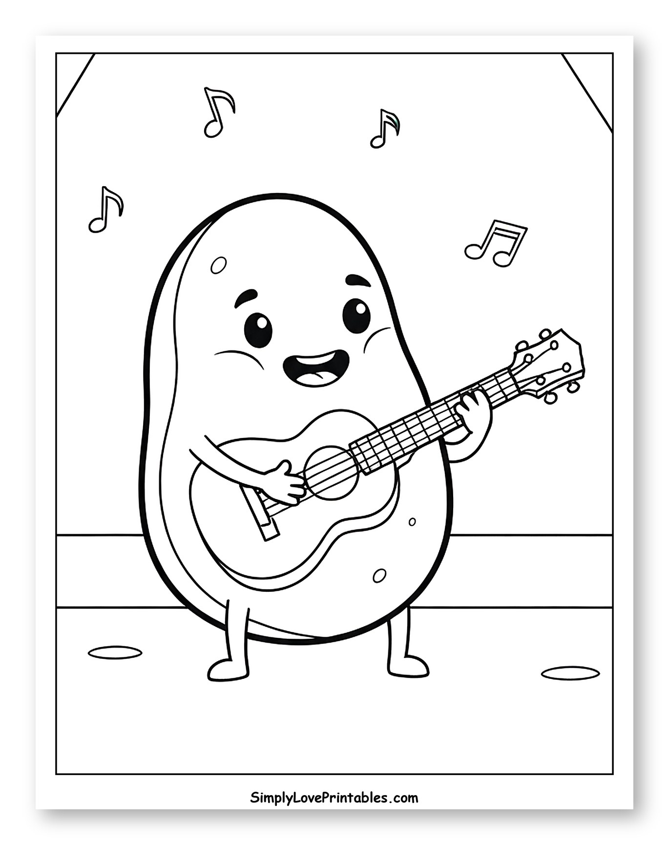 Happy Potato Playing Guitar with Music Notes Coloring Sheet for Kids