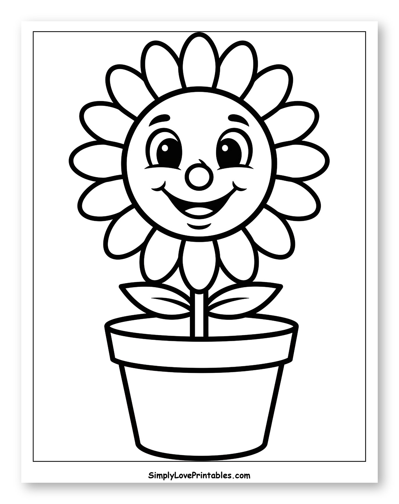Happy Potted Flower with Smiling Face Coloring Page for Toddlers