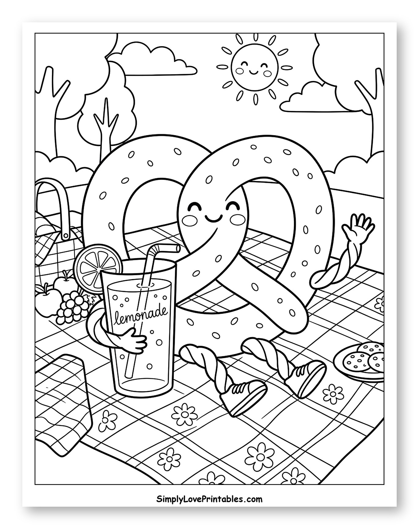 Happy Pretzel Enjoying a Sunny Picnic to Color for Kids