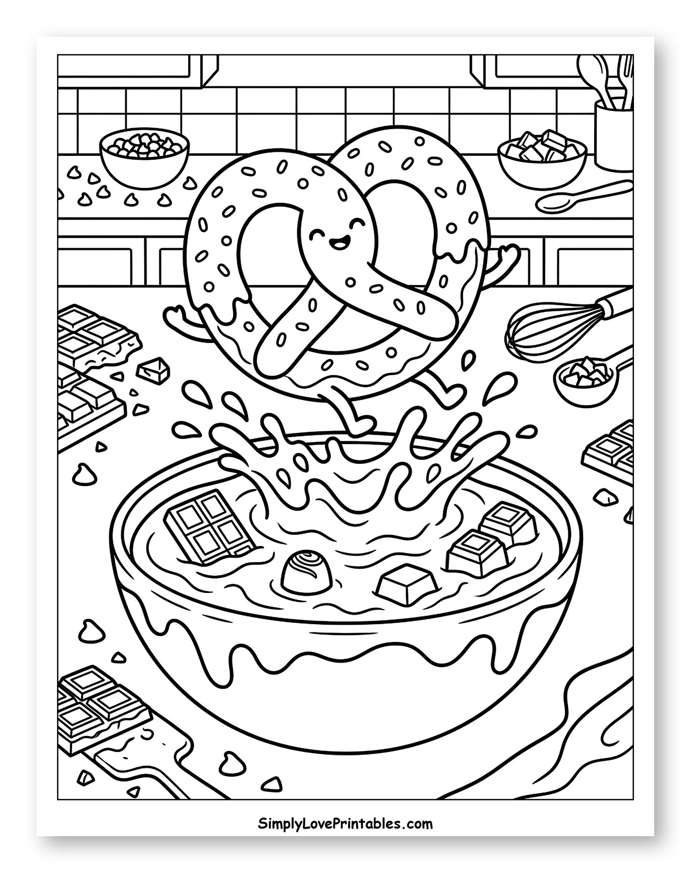 Happy Pretzel Jumping into Chocolate Bowl