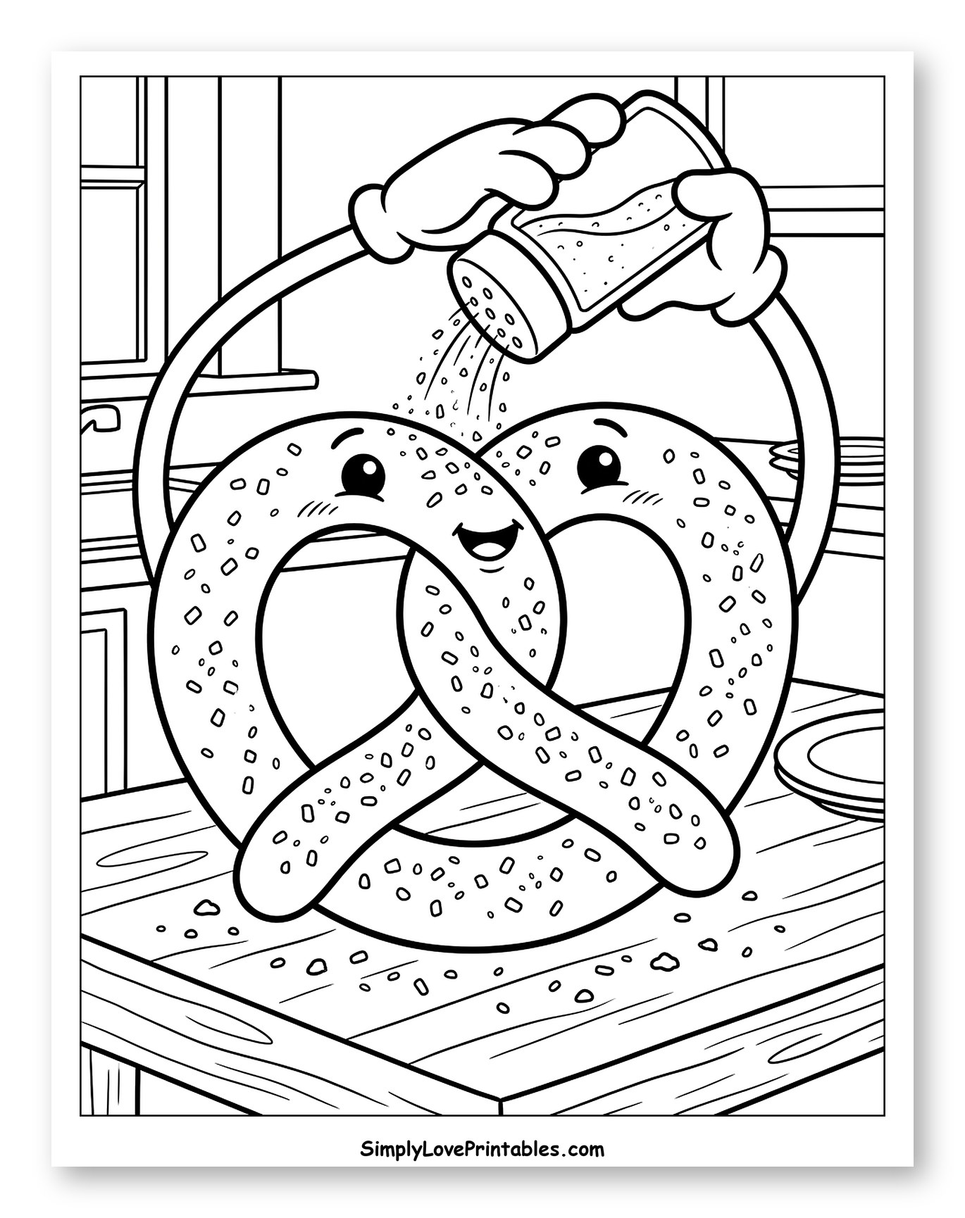 Happy Pretzel Sprinkling Salt on Itself to Color for Kids