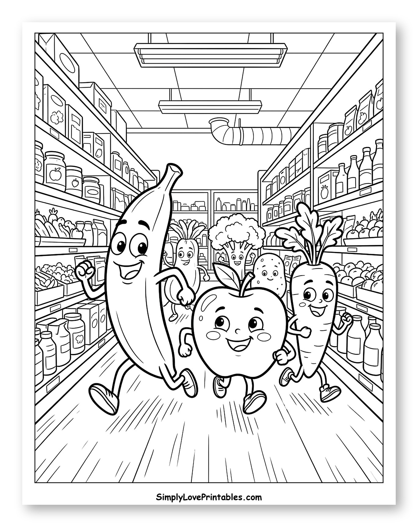 Happy Produce Running Down Grocery Aisle Coloring Sheet for Kids
