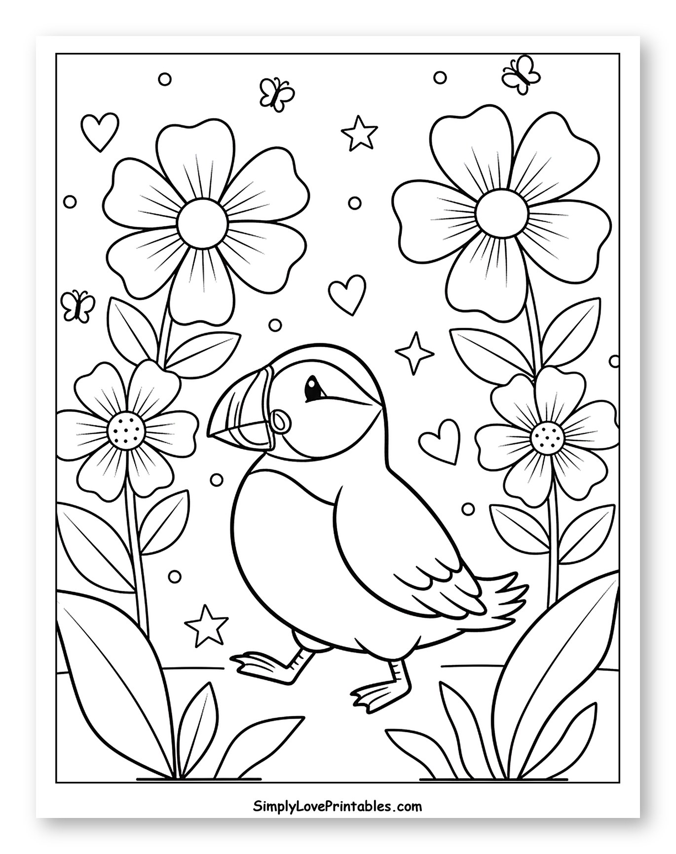 Happy Puffin with Flowers, Hearts, and Butterflies