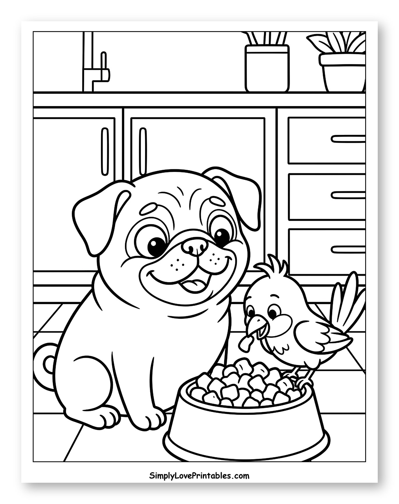 Happy Pug and Bird Sharing Food to Color for Kids