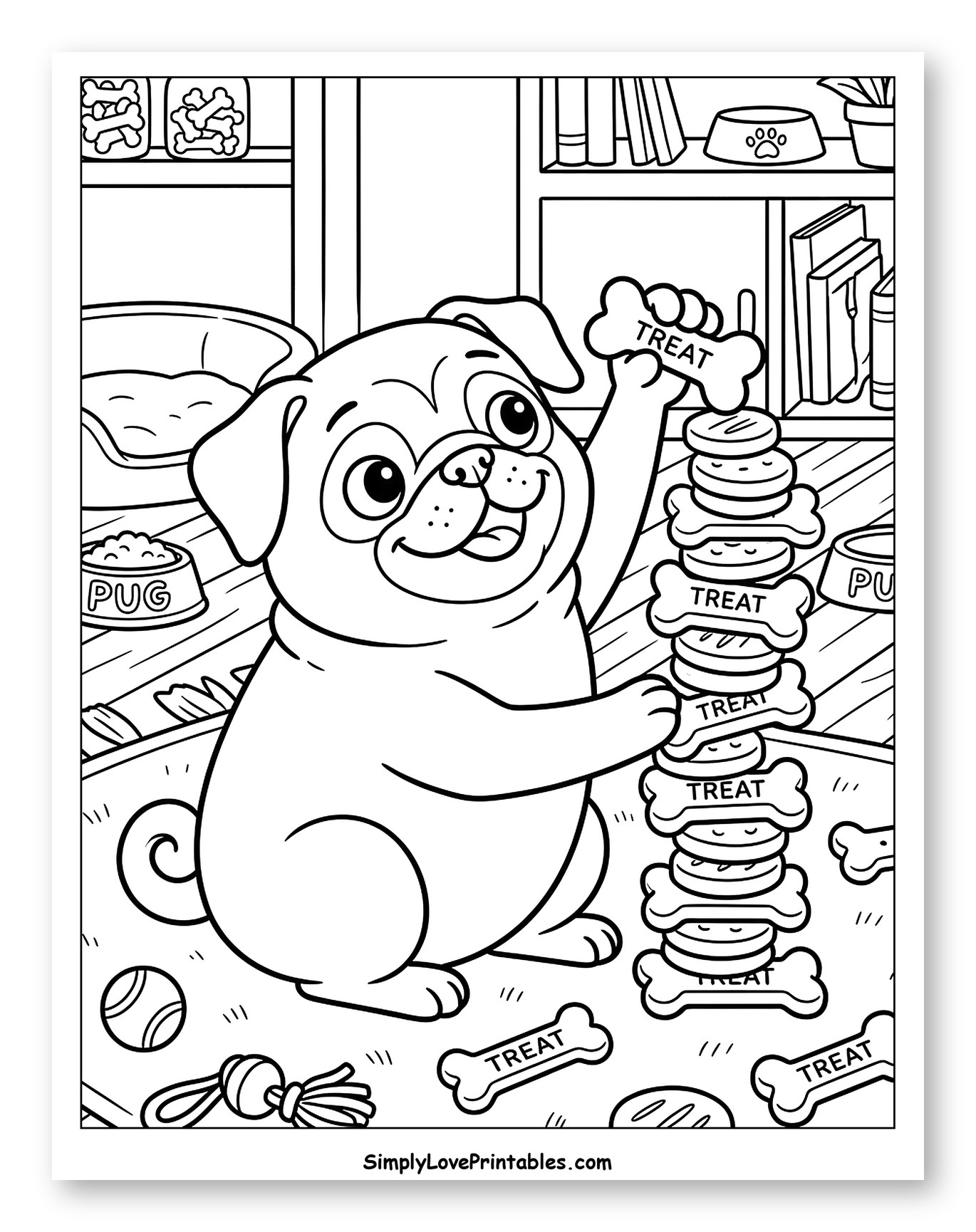 Happy Pug Balancing a Tall Treat Stack
