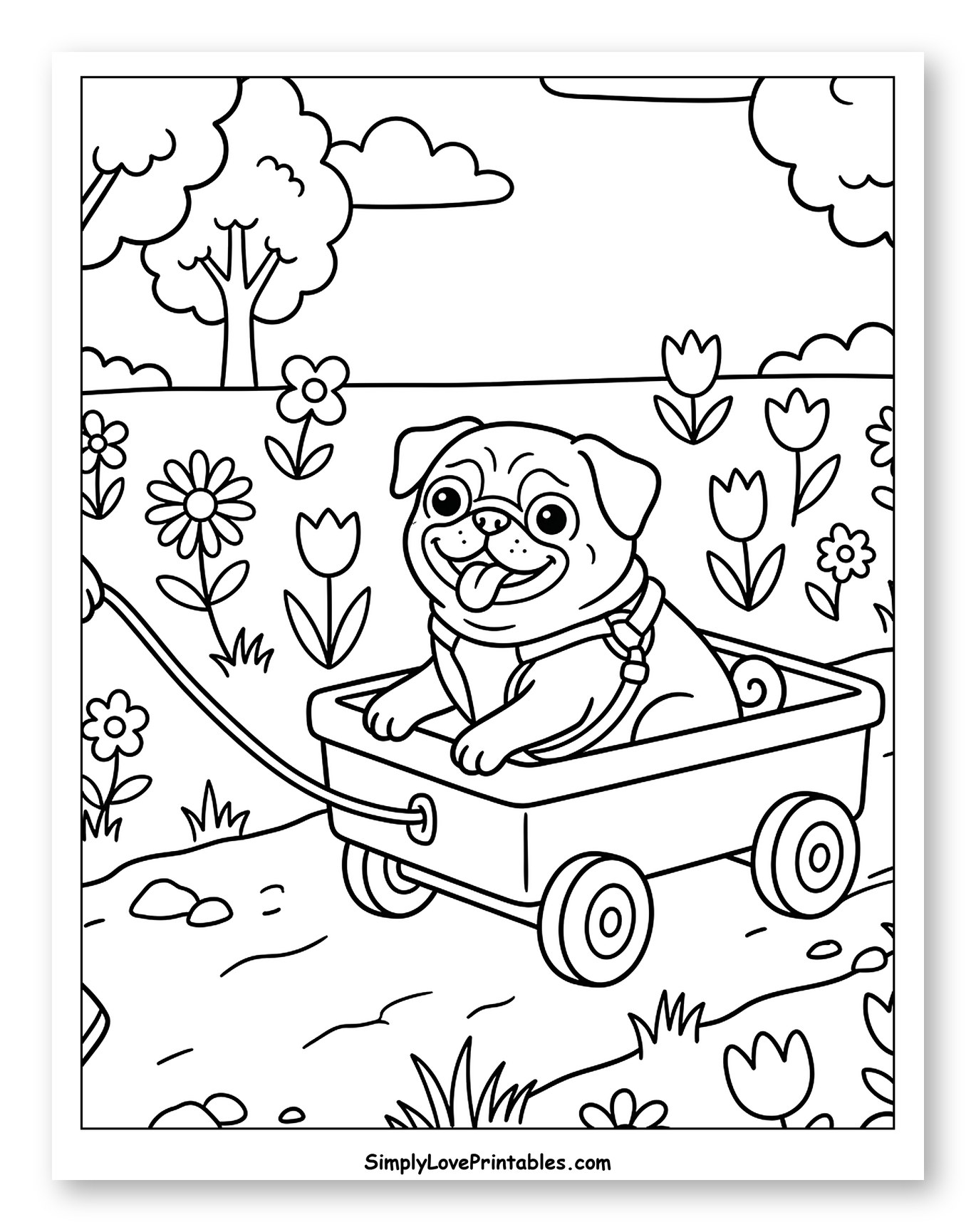 Happy Pug Dog in a Wagon to Color for Kids