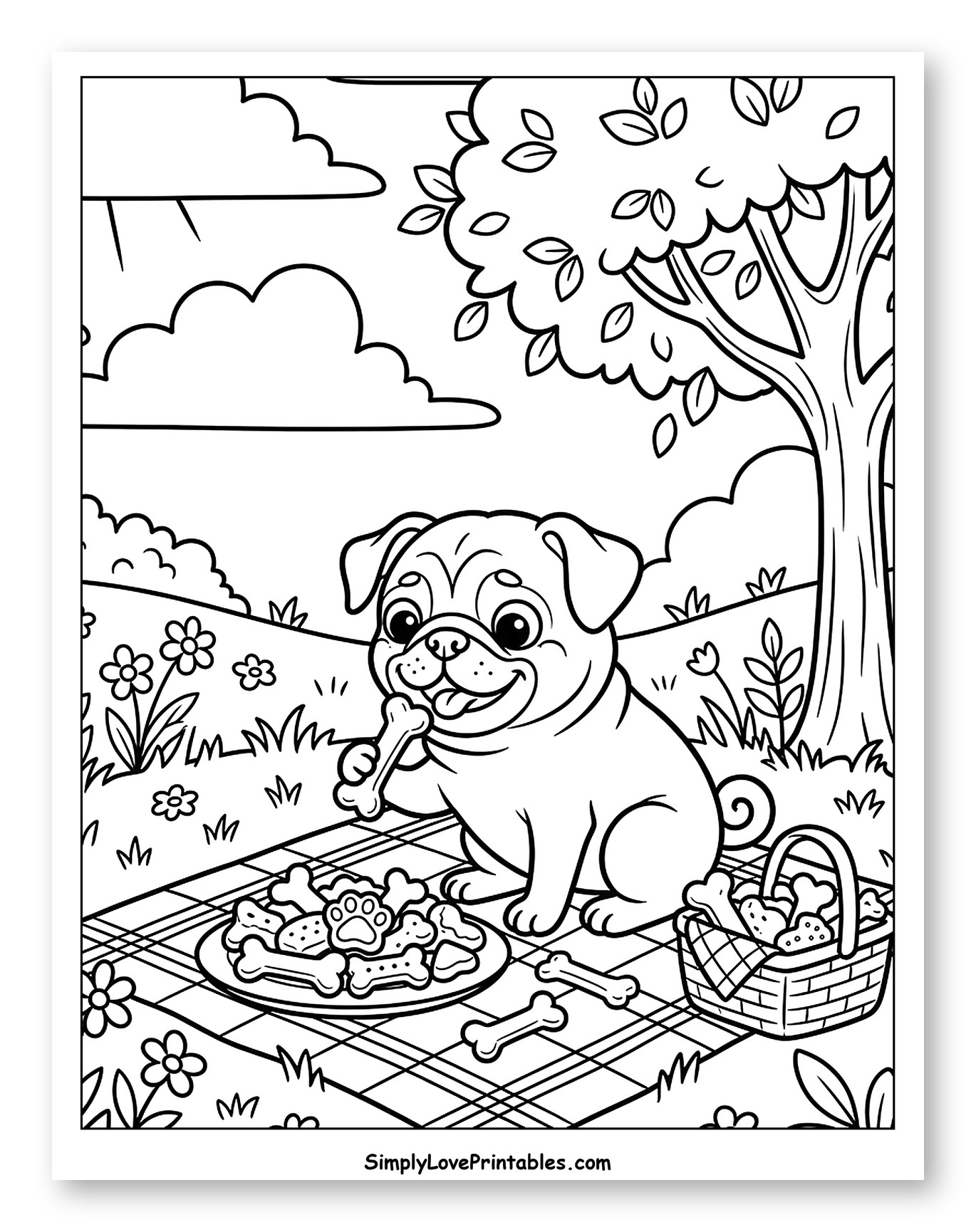 Happy Pug Dog Picnic in the Park Coloring Sheet for Kids