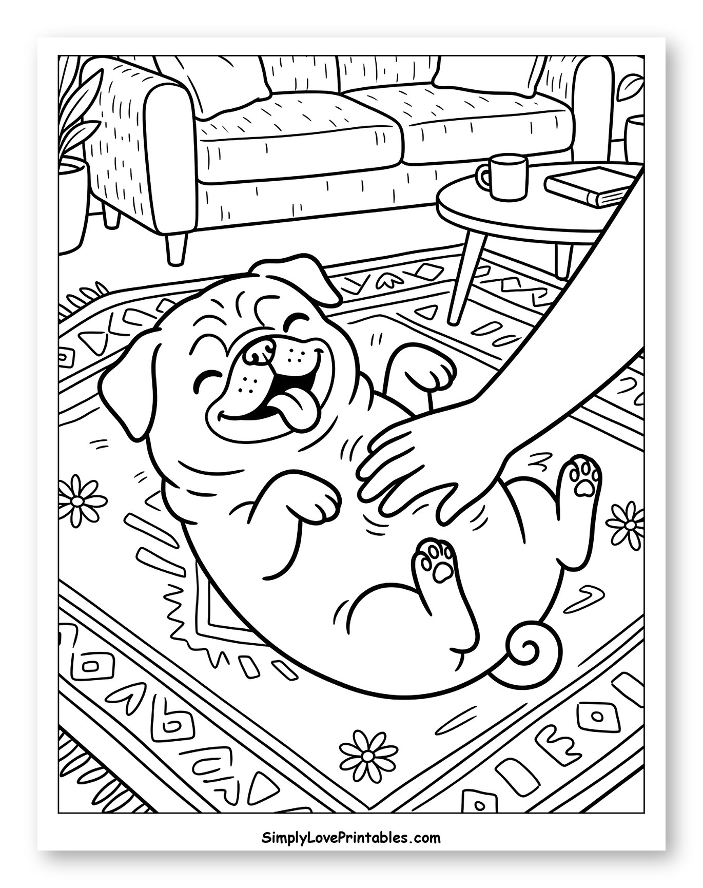 Happy Pug Getting Belly Rubs on Rug Coloring Sheet for Kids