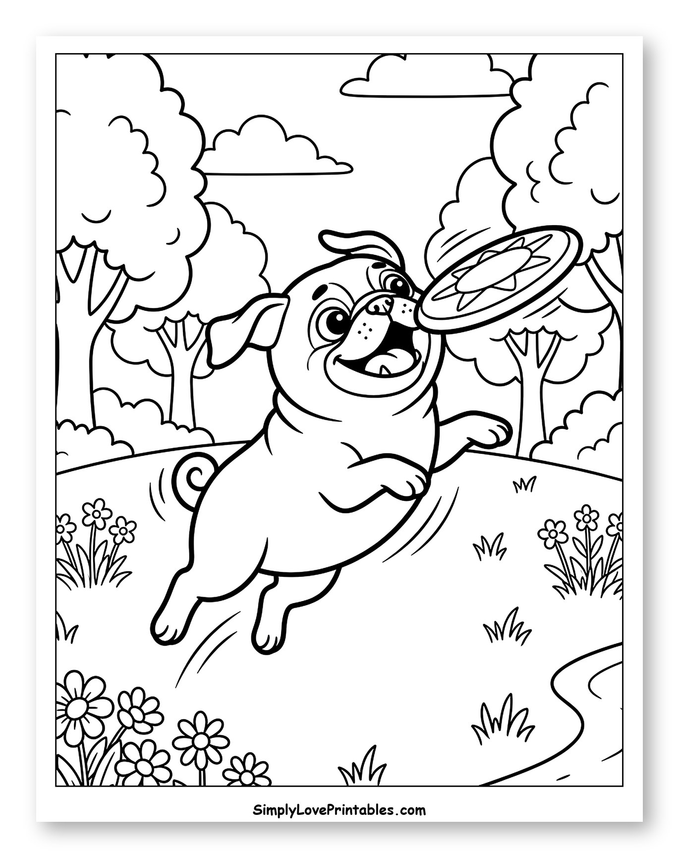 Happy Pug Playing Frisbee in Park Coloring Sheet for Kids