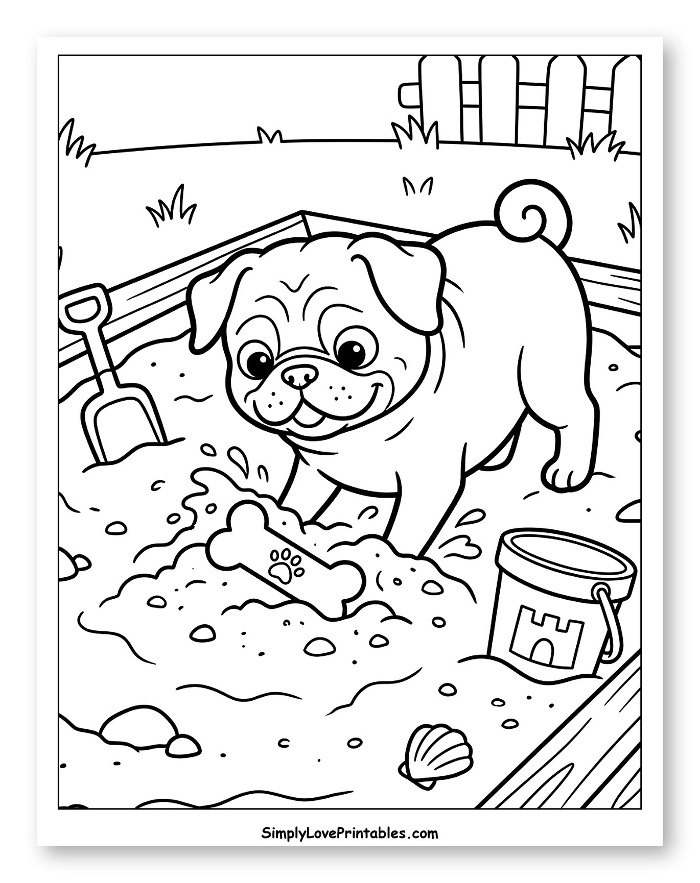Happy Pug Playing in a Sandbox to Color for Kids