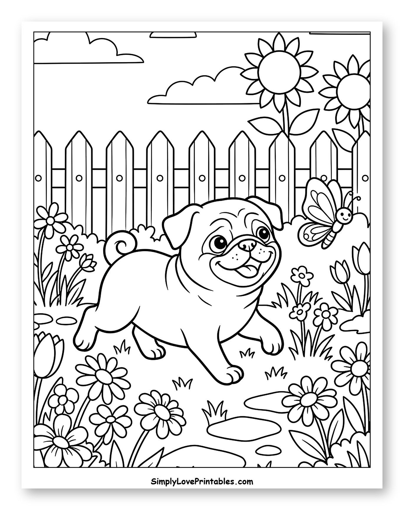 Happy Pug Playing in a Sunny Garden Coloring Sheet for Kids