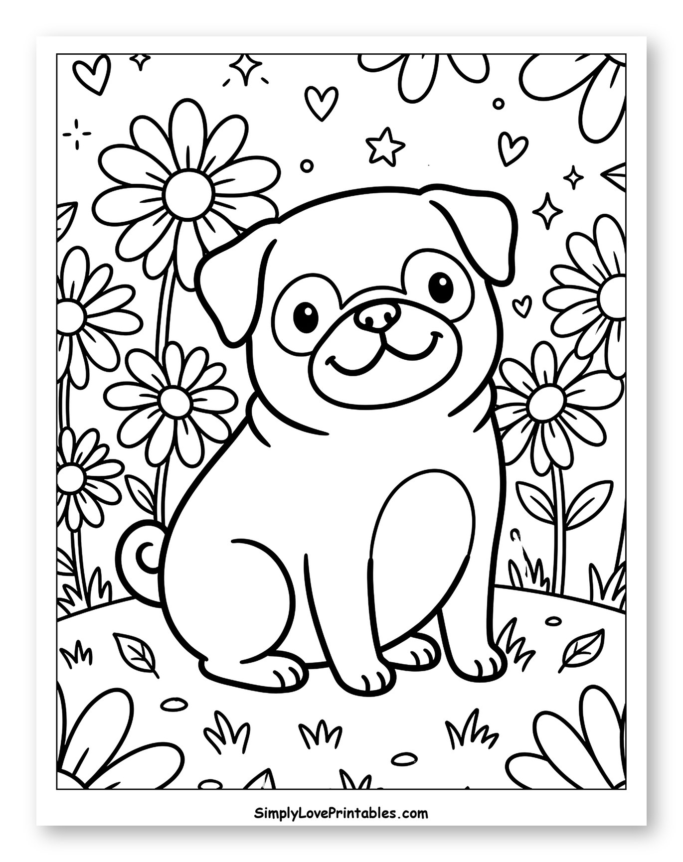 Happy Pug Surrounded by Blooming Daisies