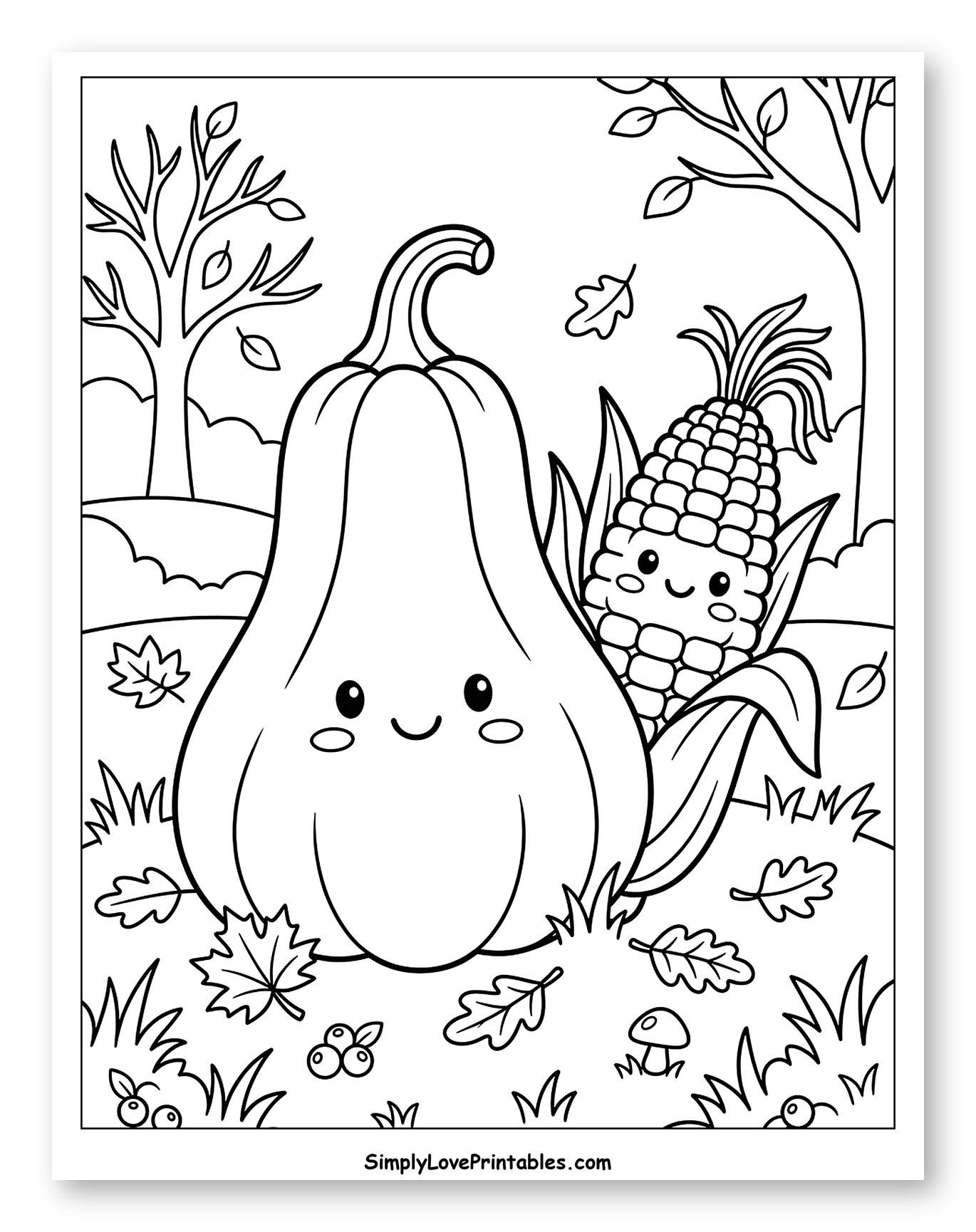 Happy Pumpkin and Corn in Fall Landscape to Color for Kids