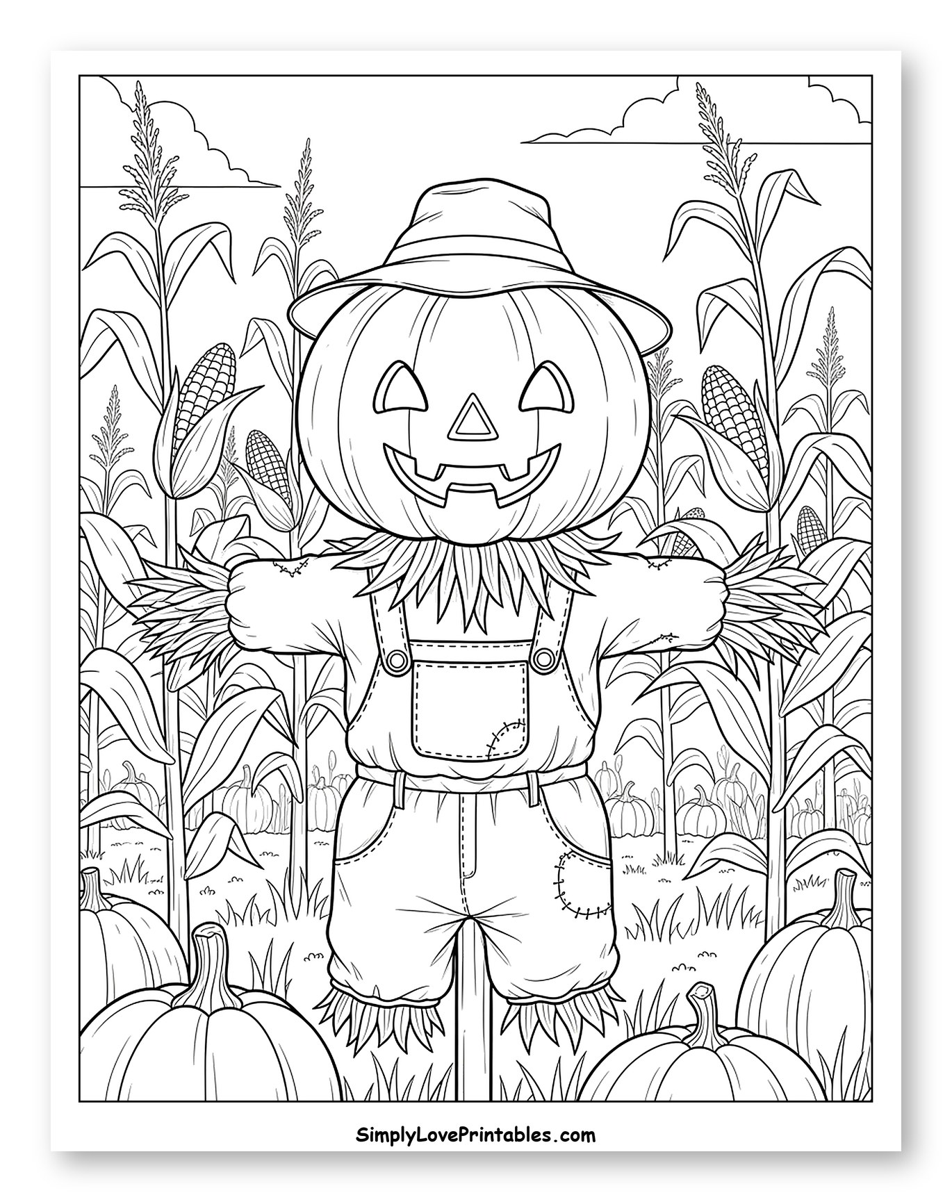 Happy Pumpkin Scarecrow Among Corn and Pumpkins Coloring Sheet for Kids