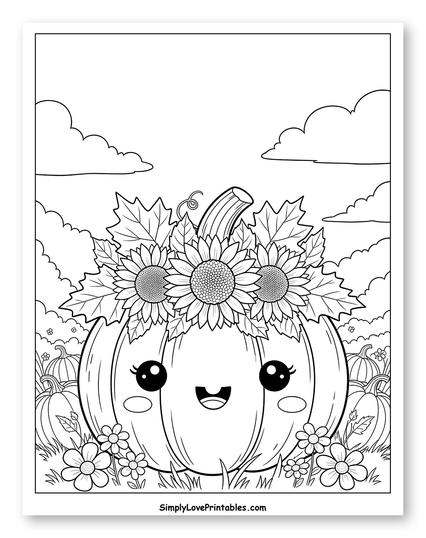 Happy Pumpkin Wearing Sunflowers and Autumn Leaves Coloring Sheet for Kids