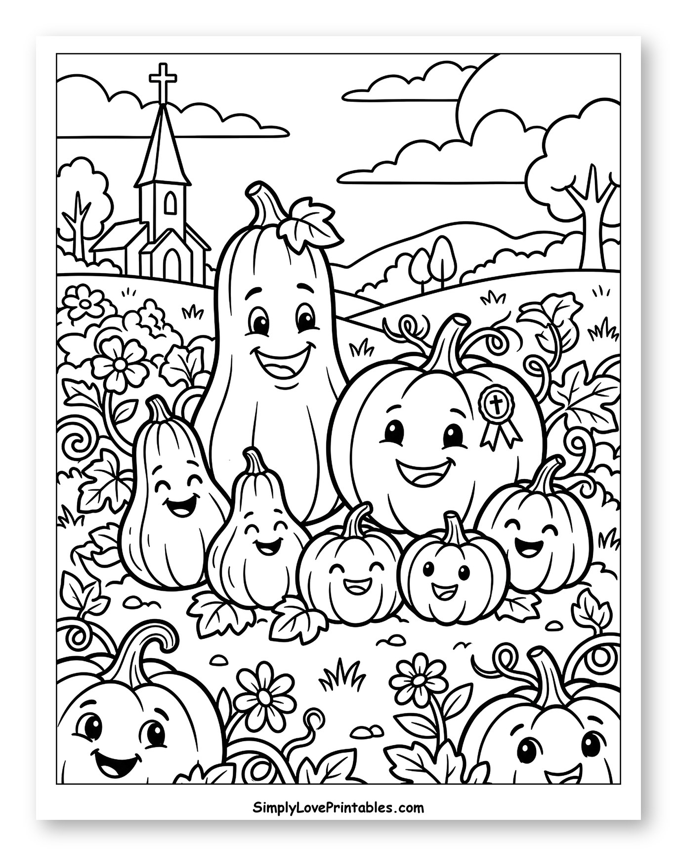Happy Pumpkins and Church in Autumn Harvest