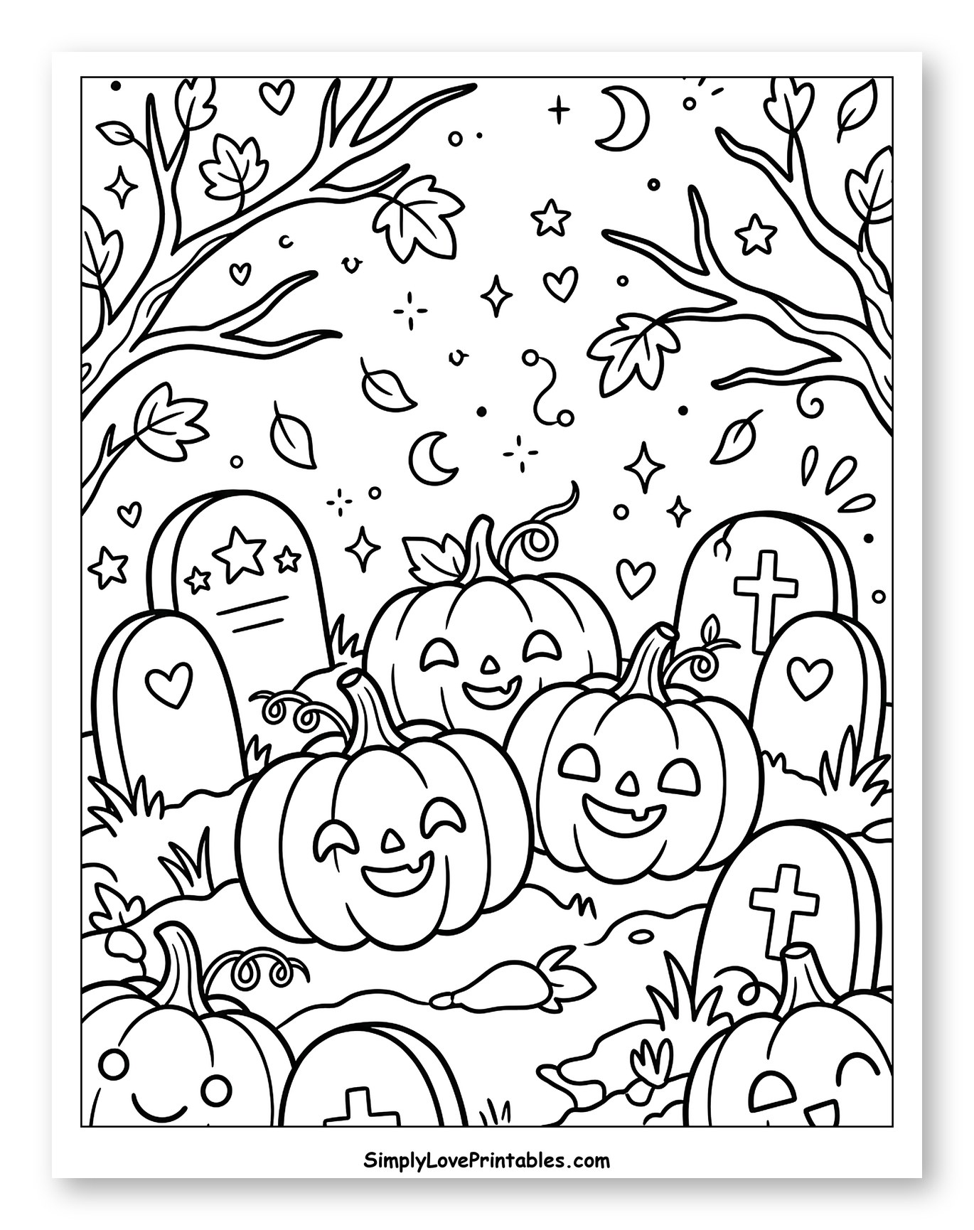 Happy Pumpkins in a Spooky Graveyard to Color for Adults